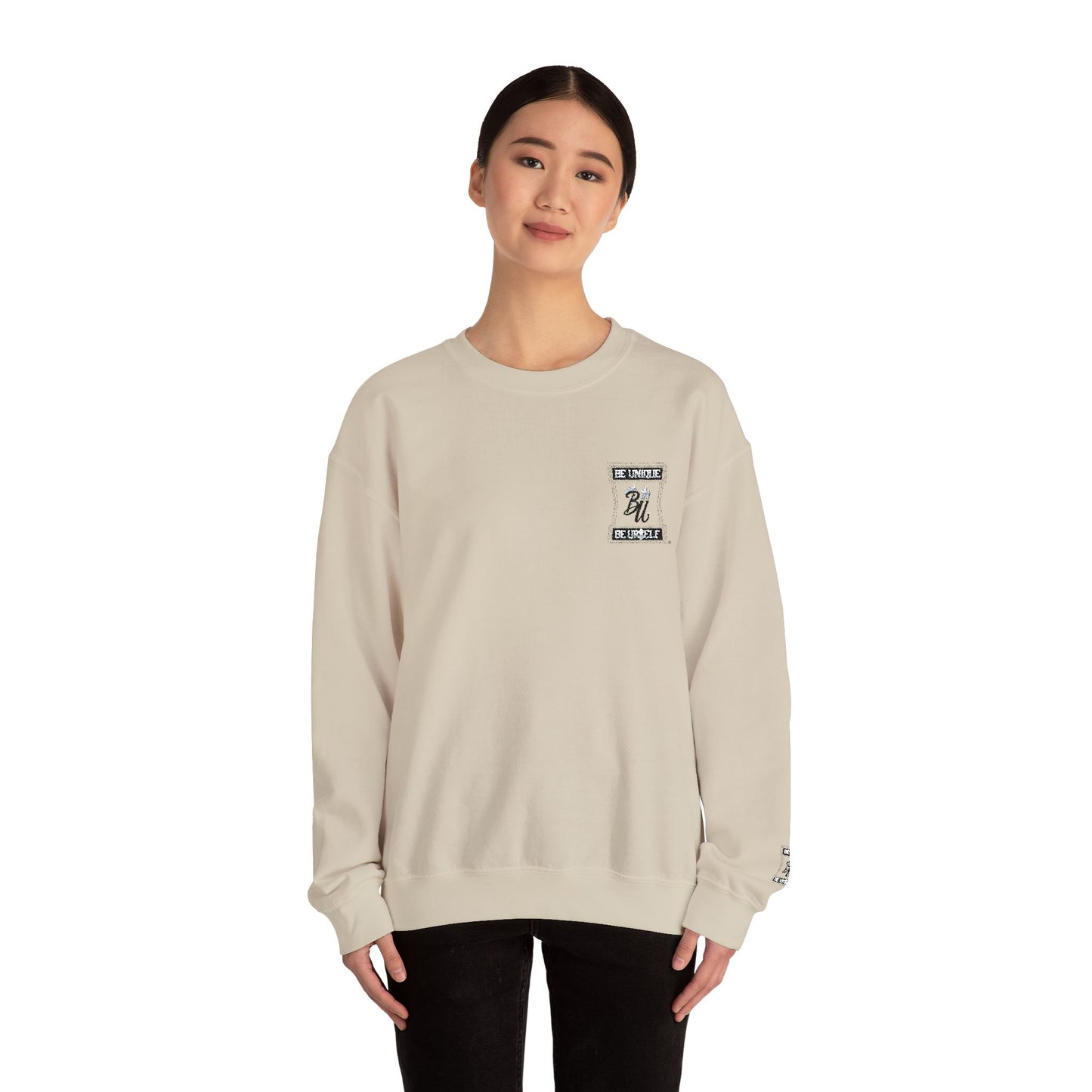 Minimalist White Crewneck Sweatshirt with Small Chest & Sleeve Graphic