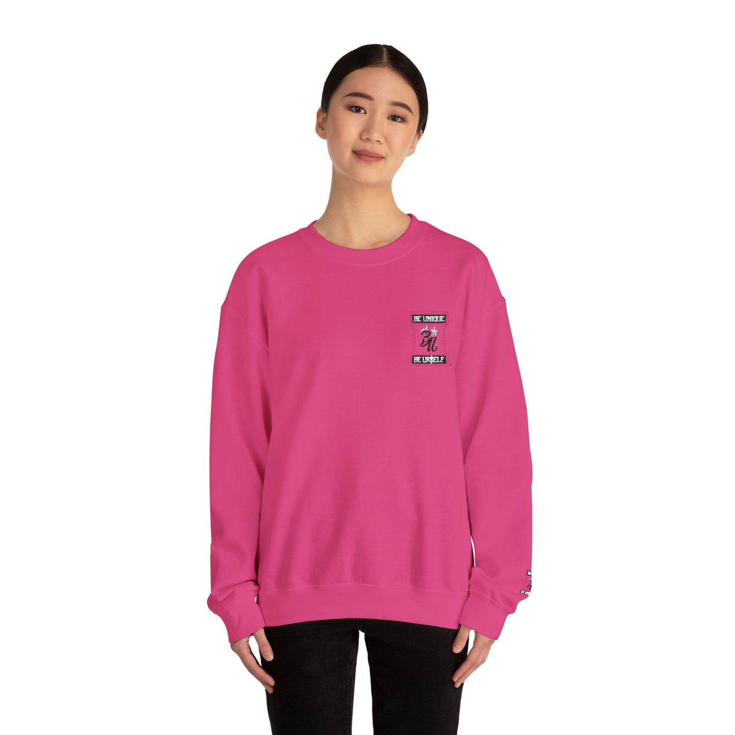 Minimalist White Crewneck Sweatshirt with Small Chest & Sleeve Graphic