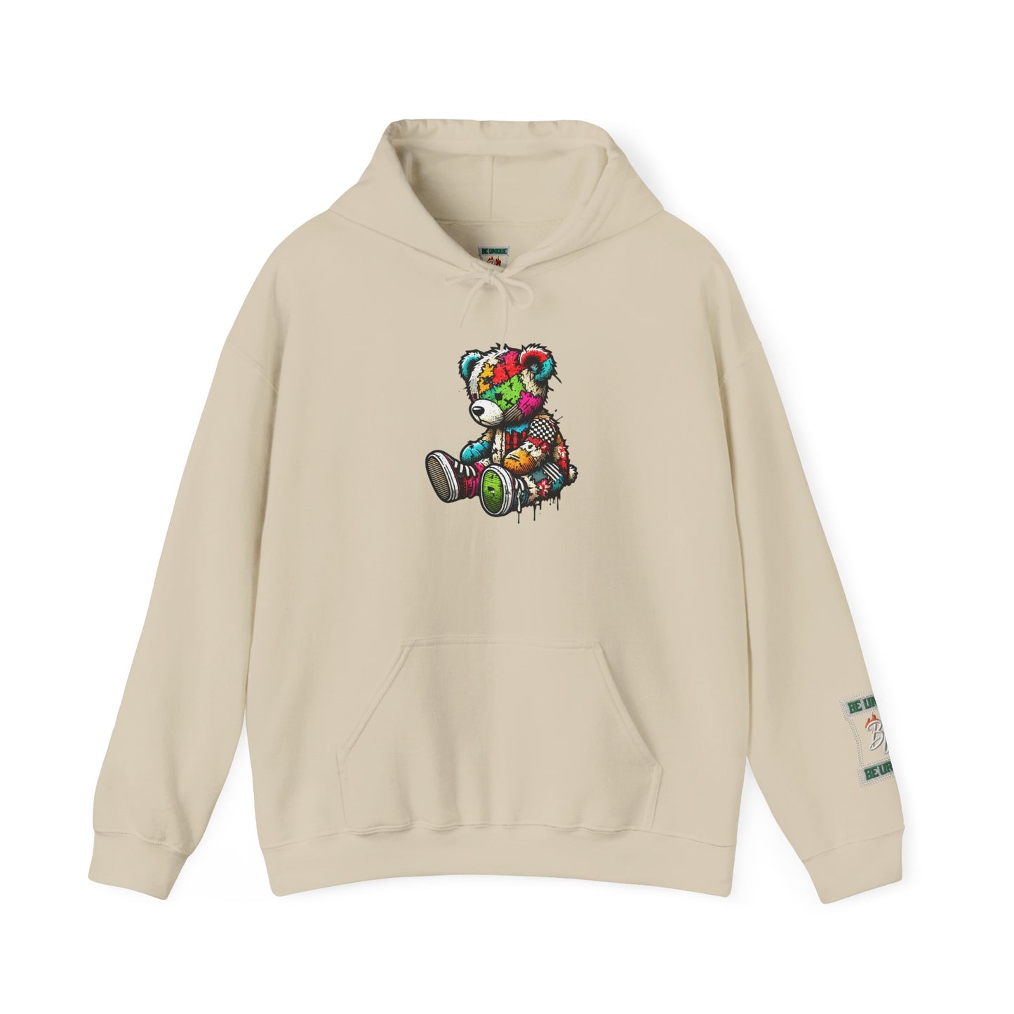 Patchwork Teddy Bear Hoodie — Colorful Grunge Bear Graphic Sweatshirt