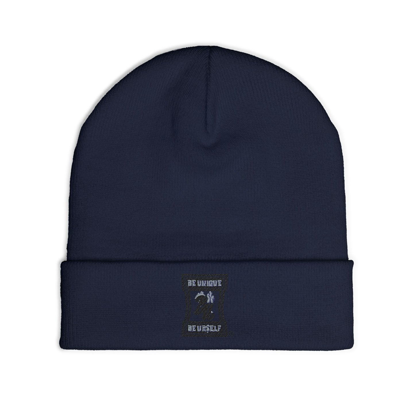 Embroidered Logo Knit Beanie — Minimal Grey Cuffed Winter Hat