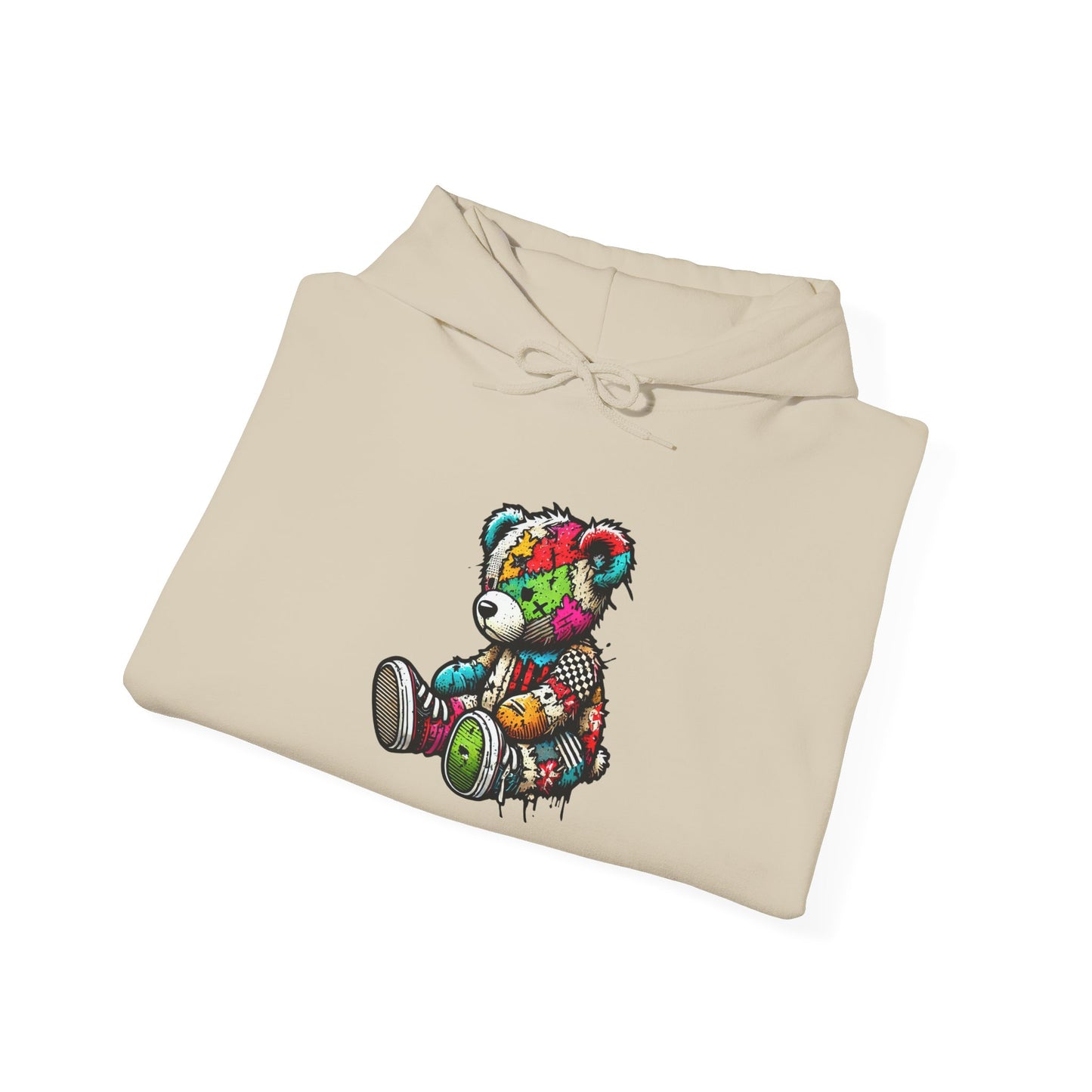Patchwork Teddy Bear Hoodie — Colorful Grunge Bear Graphic Sweatshirt