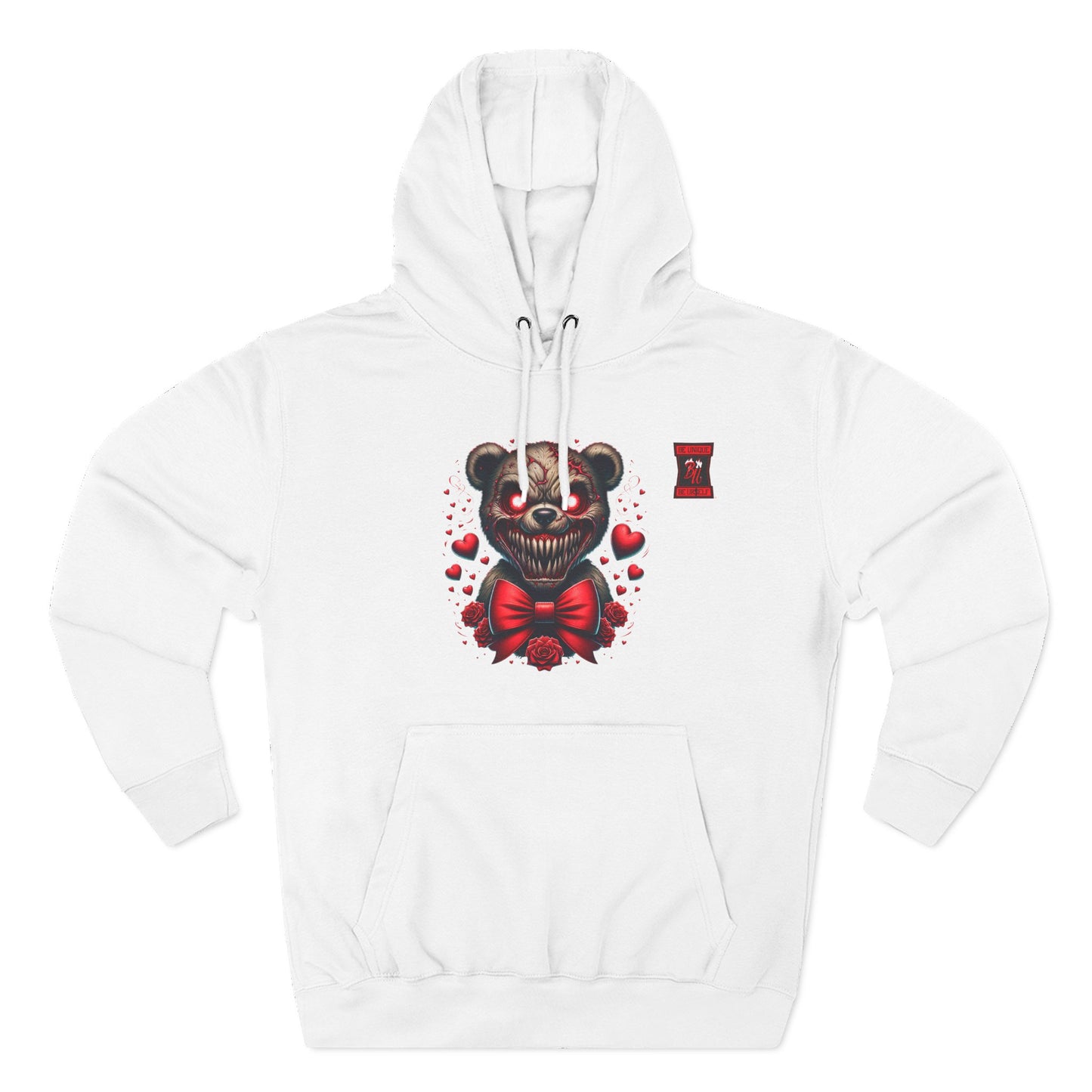 Horror Bear Graphic Hoodie — "Be Unique, Be Urself" Red & Black Fleece Hoodie