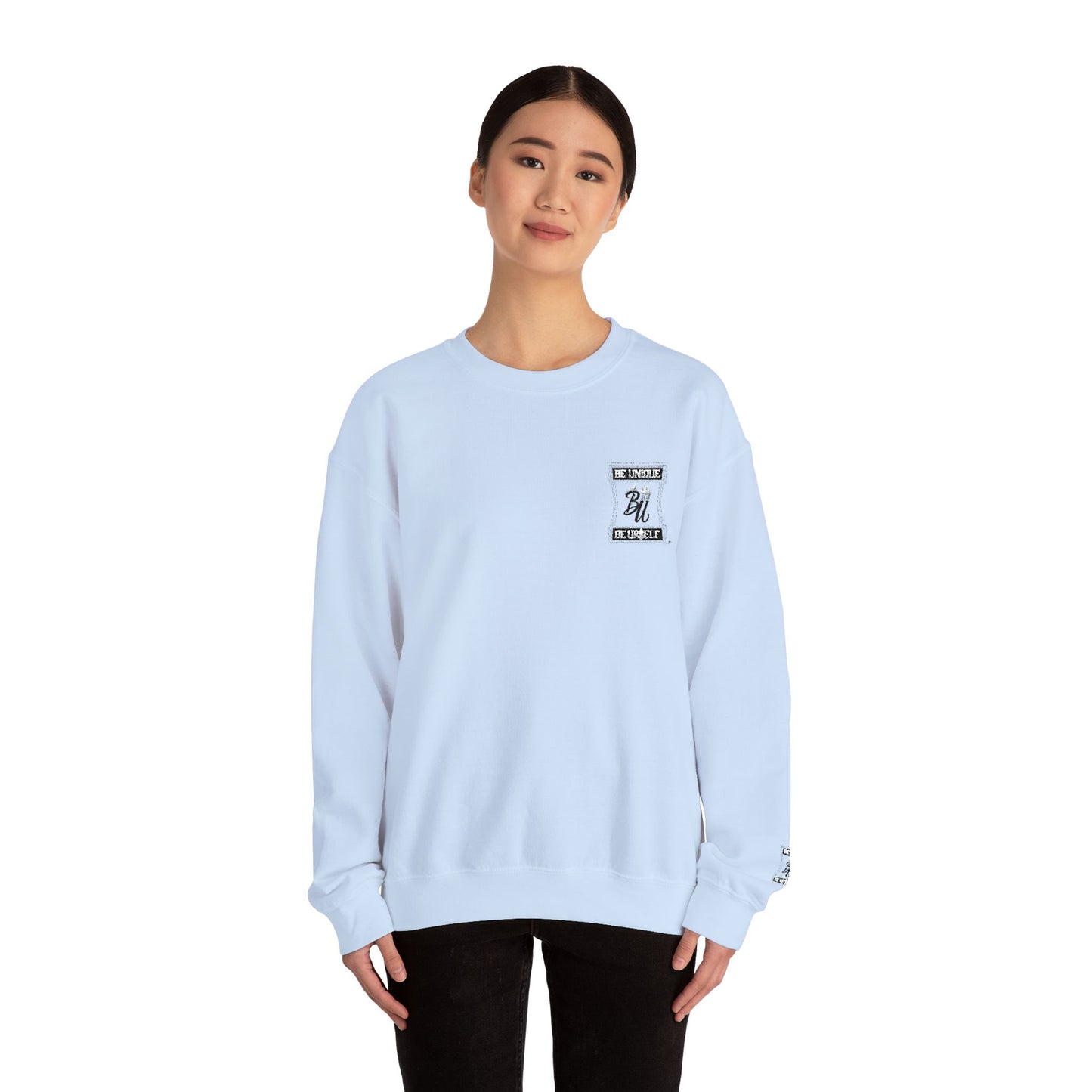 Minimalist White Crewneck Sweatshirt with Small Chest & Sleeve Graphic