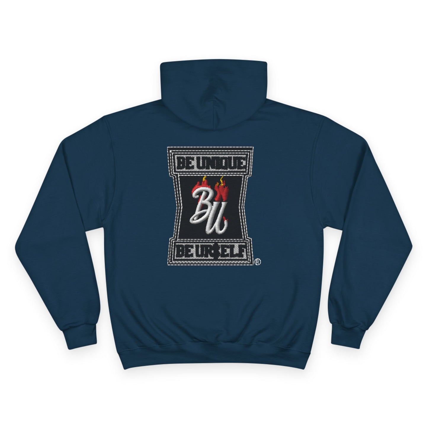 Champion Hoodie — Minimal Tic-Tac-Toe Heart Front & "Be Unique Be Urself" Graphic Back