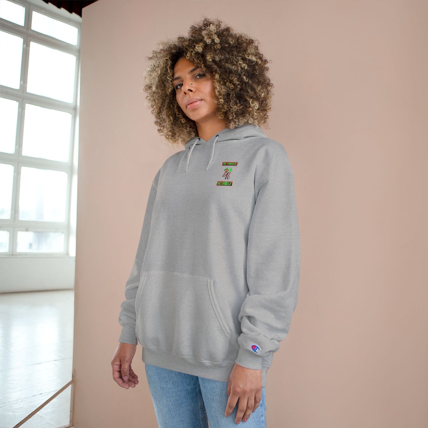 Champion Hoodie — "Be Unique, Be Urself" Graphic Pullover