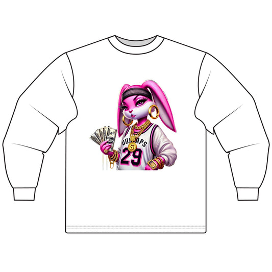 Chic Cartoon Bunny Long Sleeve Tee, Hip Hop Style Shirt, Fun Graphic Top, Casual Streetwear, Trendy Gift for Teens, Music Lovers