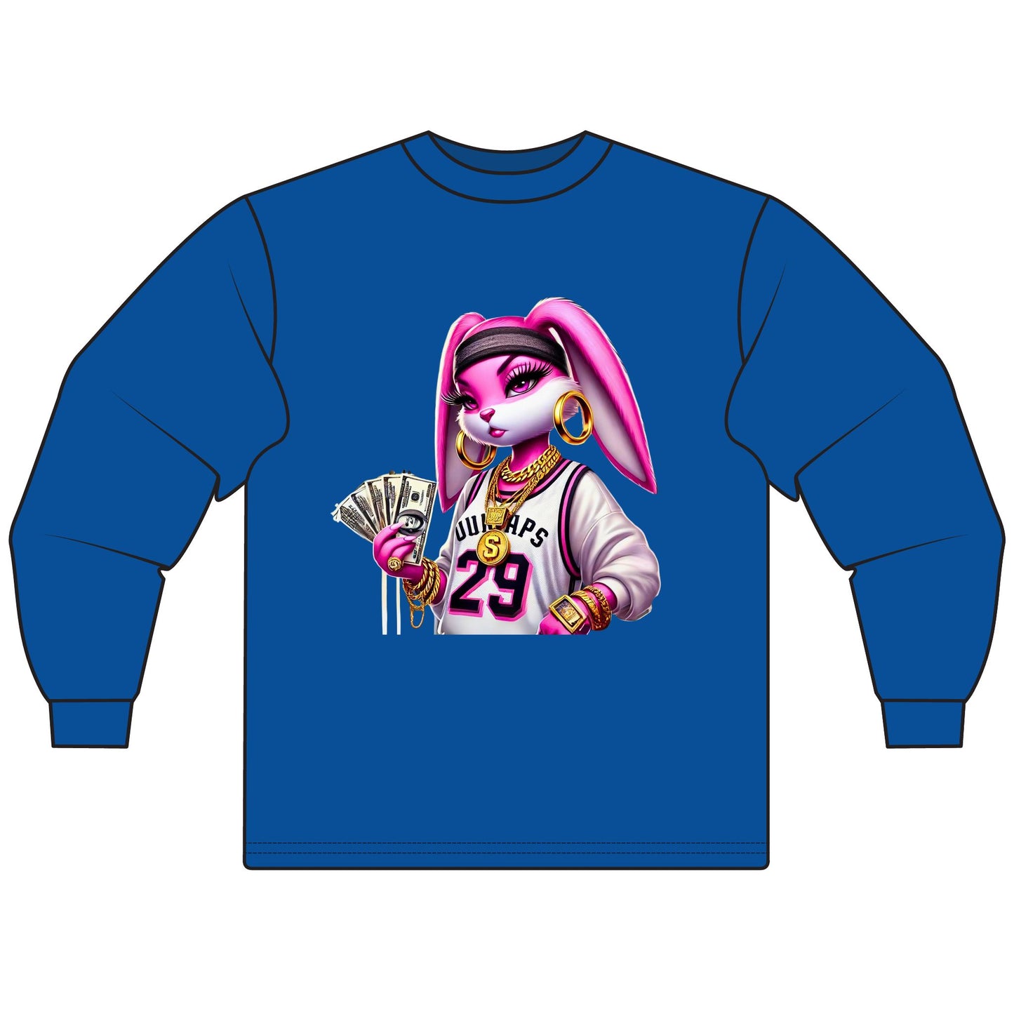 Chic Cartoon Bunny Long Sleeve Tee, Hip Hop Style Shirt, Fun Graphic Top, Casual Streetwear, Trendy Gift for Teens, Music Lovers