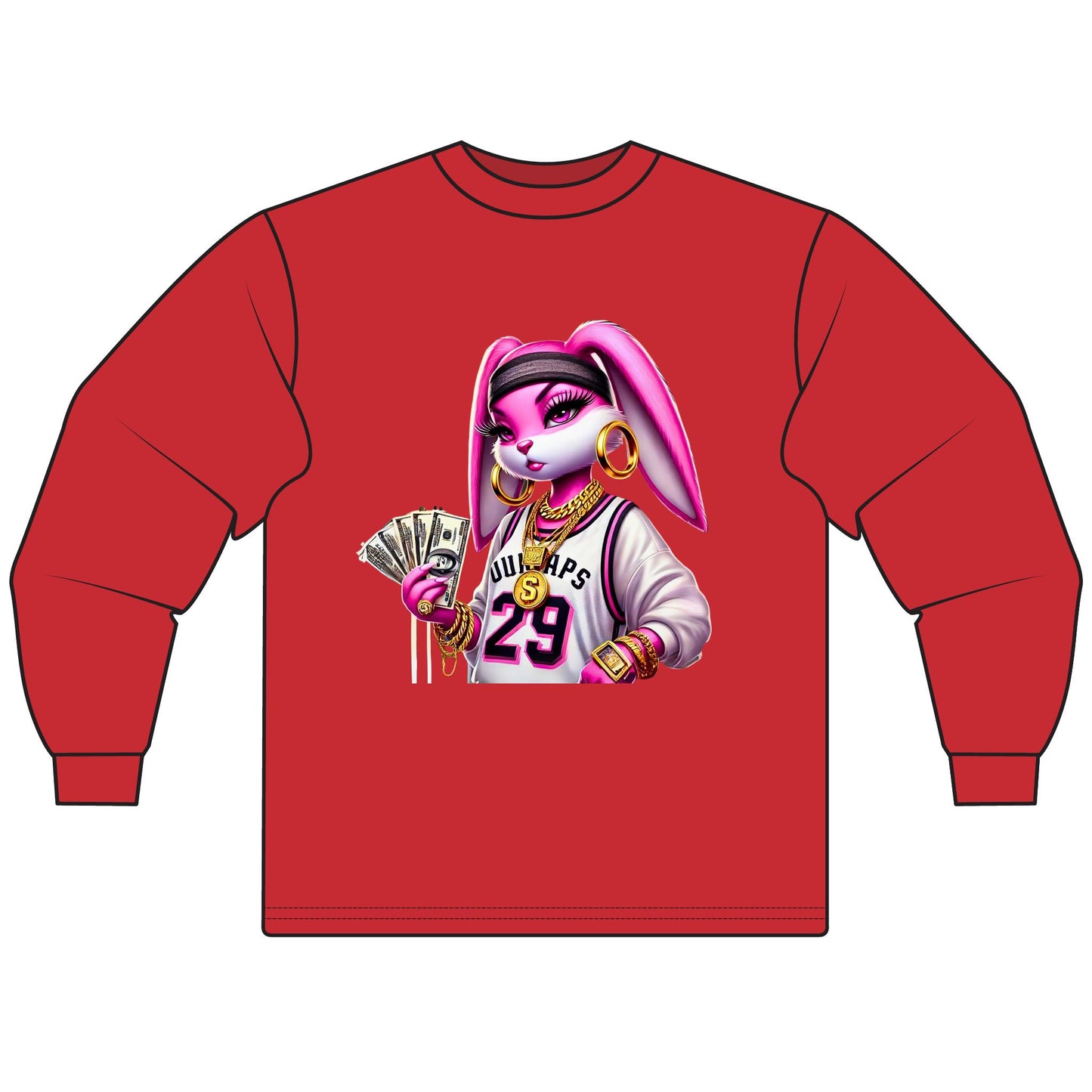 Chic Cartoon Bunny Long Sleeve Tee, Hip Hop Style Shirt, Fun Graphic Top, Casual Streetwear, Trendy Gift for Teens, Music Lovers
