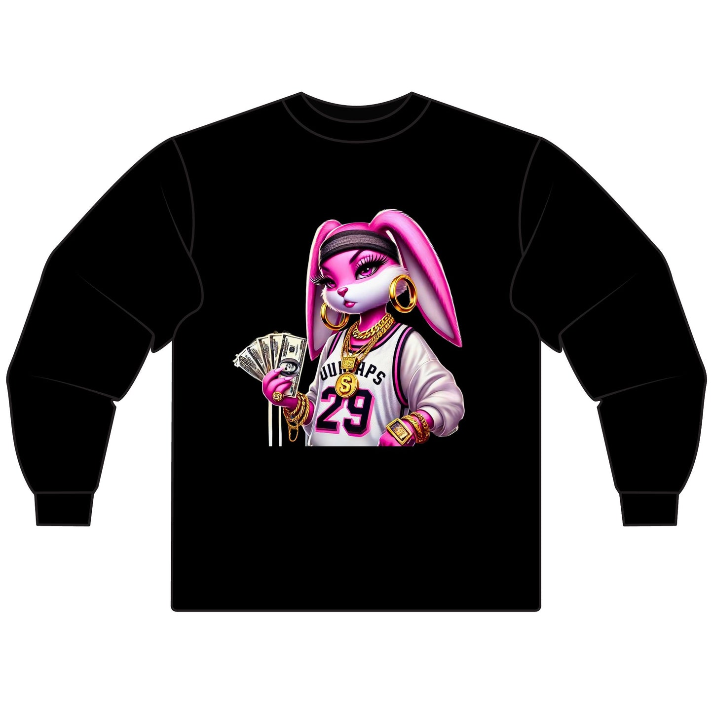 Chic Cartoon Bunny Long Sleeve Tee, Hip Hop Style Shirt, Fun Graphic Top, Casual Streetwear, Trendy Gift for Teens, Music Lovers