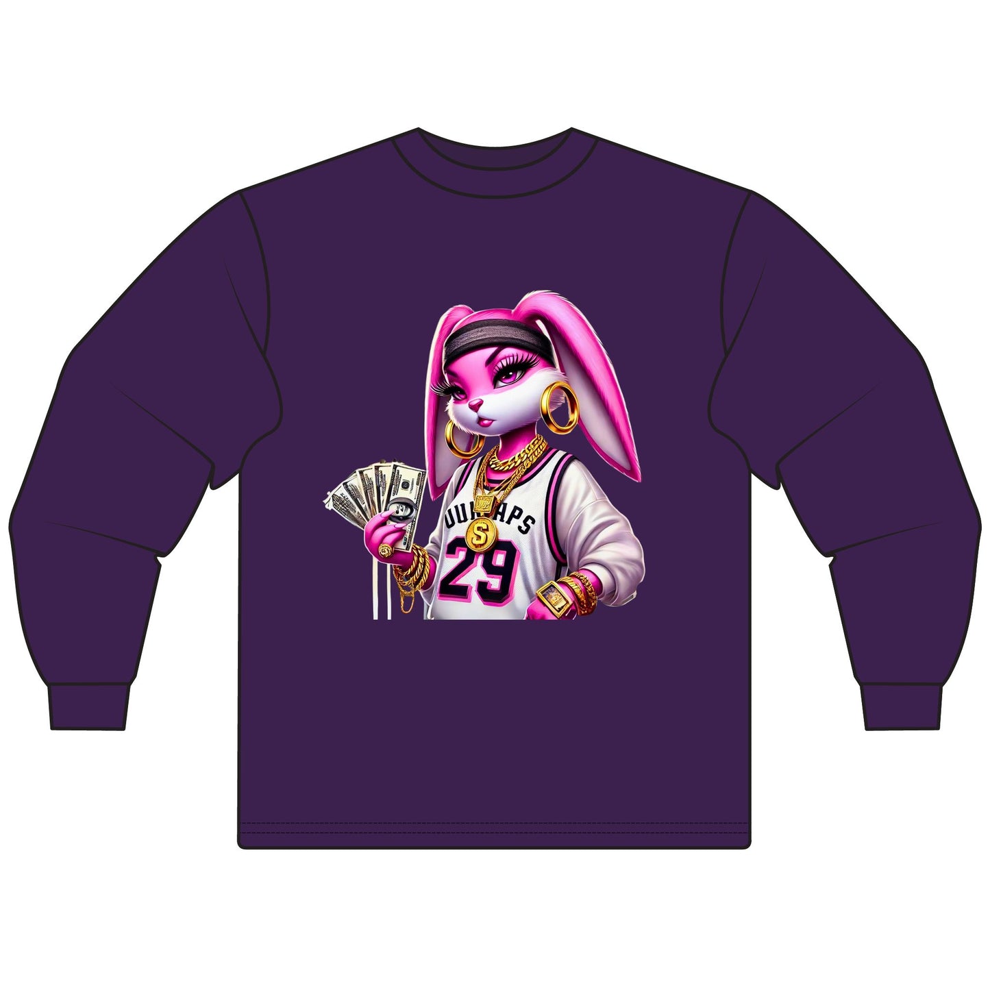 Chic Cartoon Bunny Long Sleeve Tee, Hip Hop Style Shirt, Fun Graphic Top, Casual Streetwear, Trendy Gift for Teens, Music Lovers