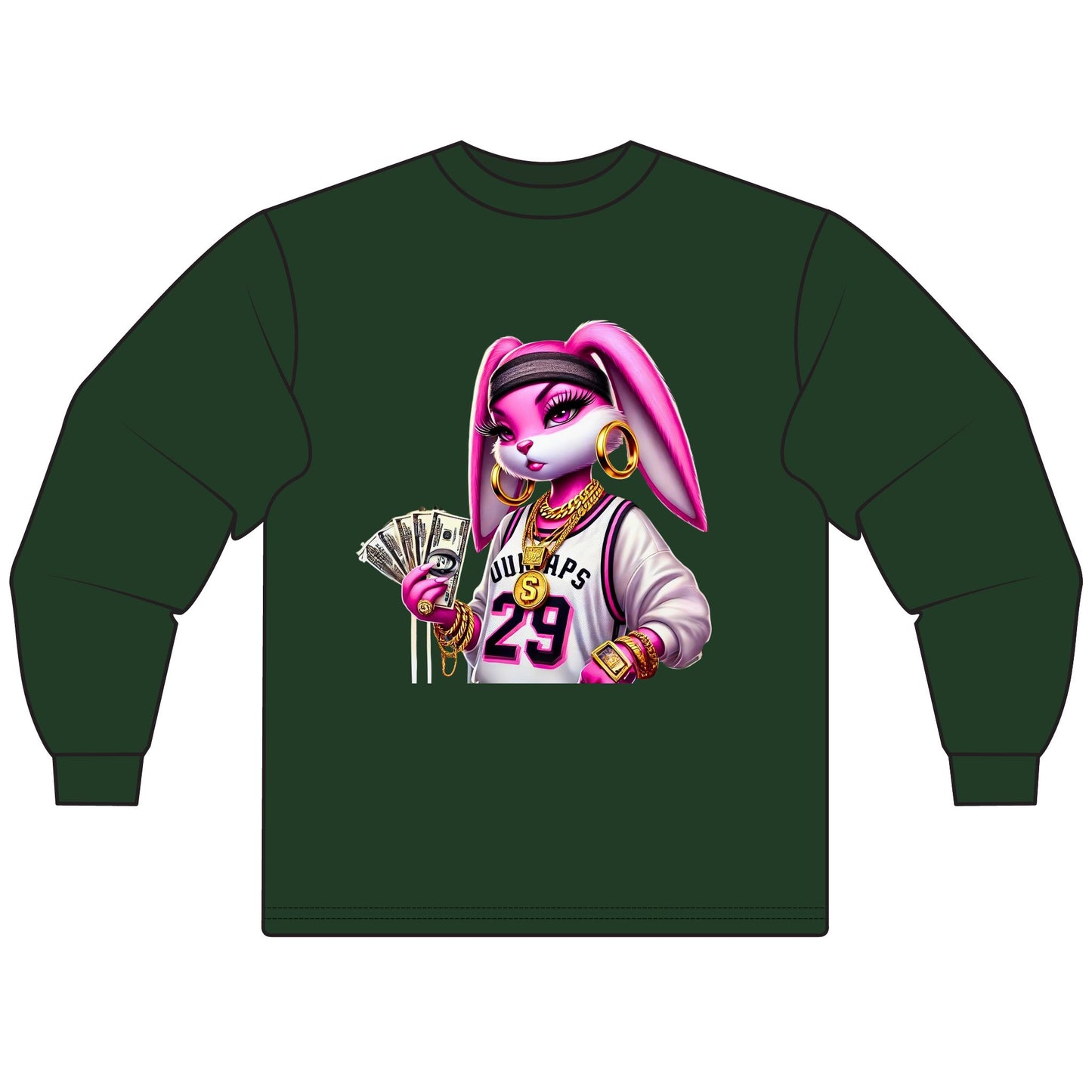 Chic Cartoon Bunny Long Sleeve Tee, Hip Hop Style Shirt, Fun Graphic Top, Casual Streetwear, Trendy Gift for Teens, Music Lovers