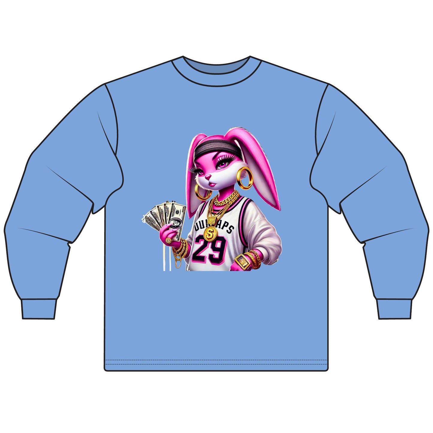 Chic Cartoon Bunny Long Sleeve Tee, Hip Hop Style Shirt, Fun Graphic Top, Casual Streetwear, Trendy Gift for Teens, Music Lovers