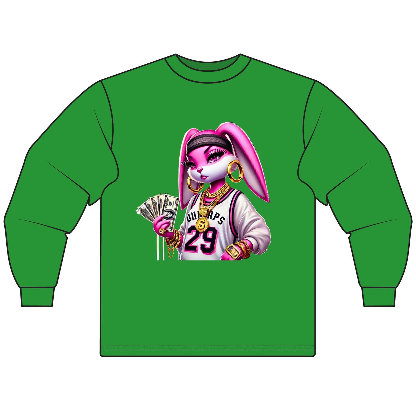 Chic Cartoon Bunny Long Sleeve Tee, Hip Hop Style Shirt, Fun Graphic Top, Casual Streetwear, Trendy Gift for Teens, Music Lovers