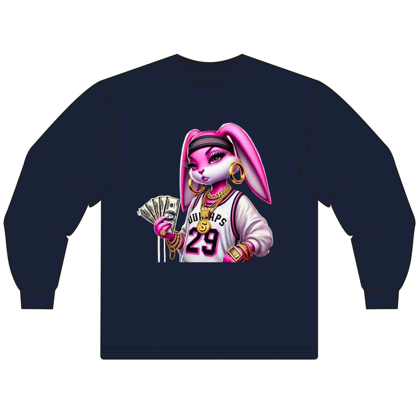 Chic Cartoon Bunny Long Sleeve Tee, Hip Hop Style Shirt, Fun Graphic Top, Casual Streetwear, Trendy Gift for Teens, Music Lovers