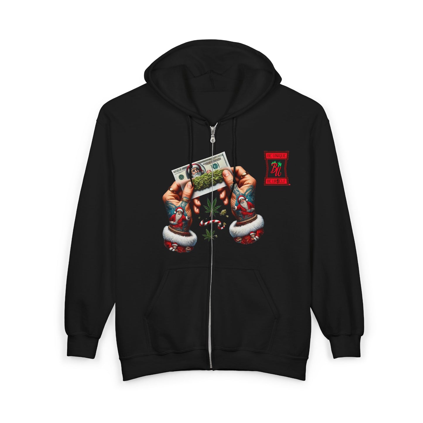 Zip Hoodie — Festive Santa Hands Holding Cash Christmas Zip-Up Hooded Sweatshirt