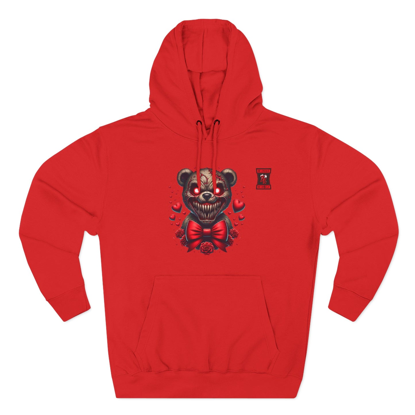 Horror Bear Graphic Hoodie — "Be Unique, Be Urself" Red & Black Fleece Hoodie