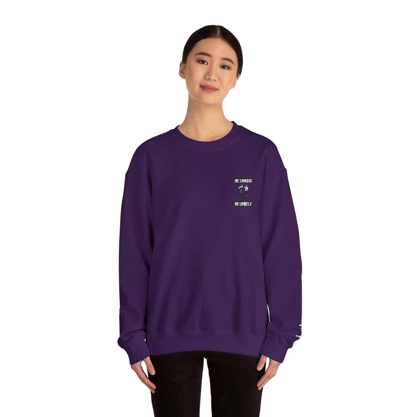 Minimalist White Crewneck Sweatshirt with Small Chest & Sleeve Graphic