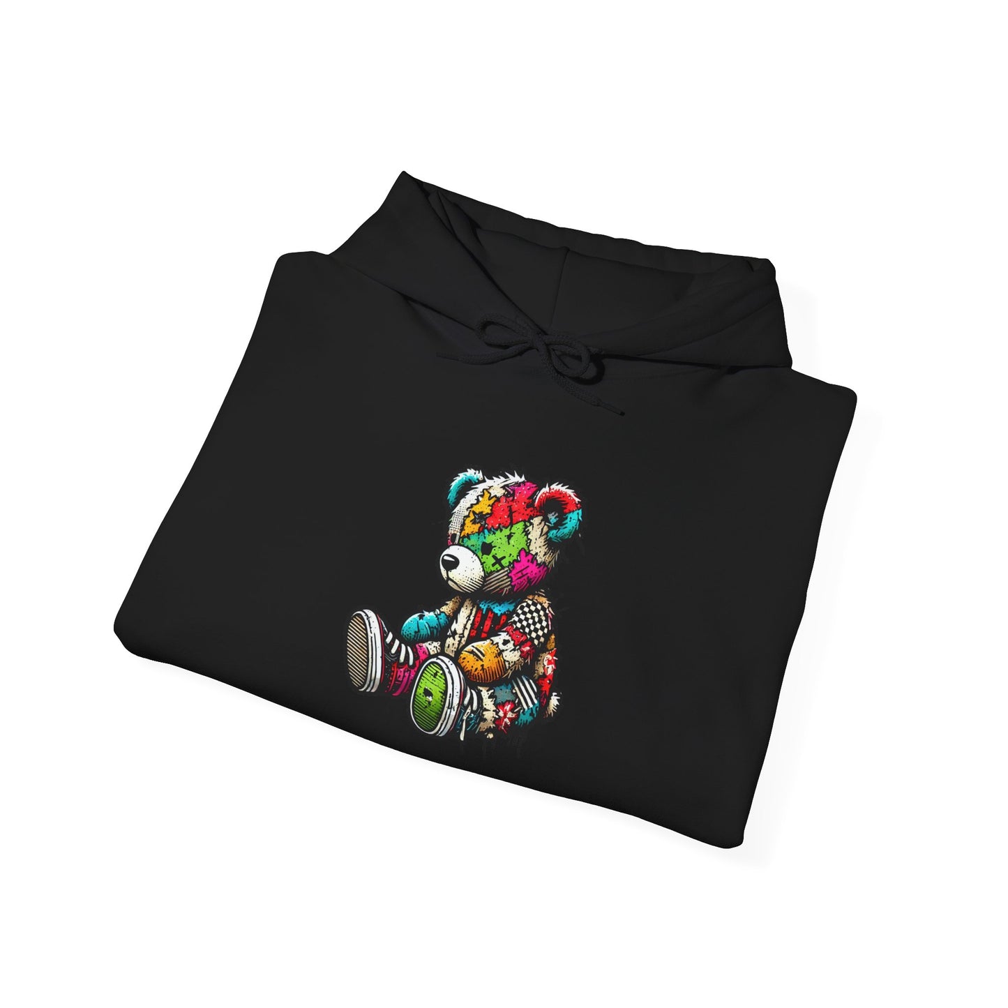 Patchwork Teddy Bear Hoodie — Colorful Grunge Bear Design