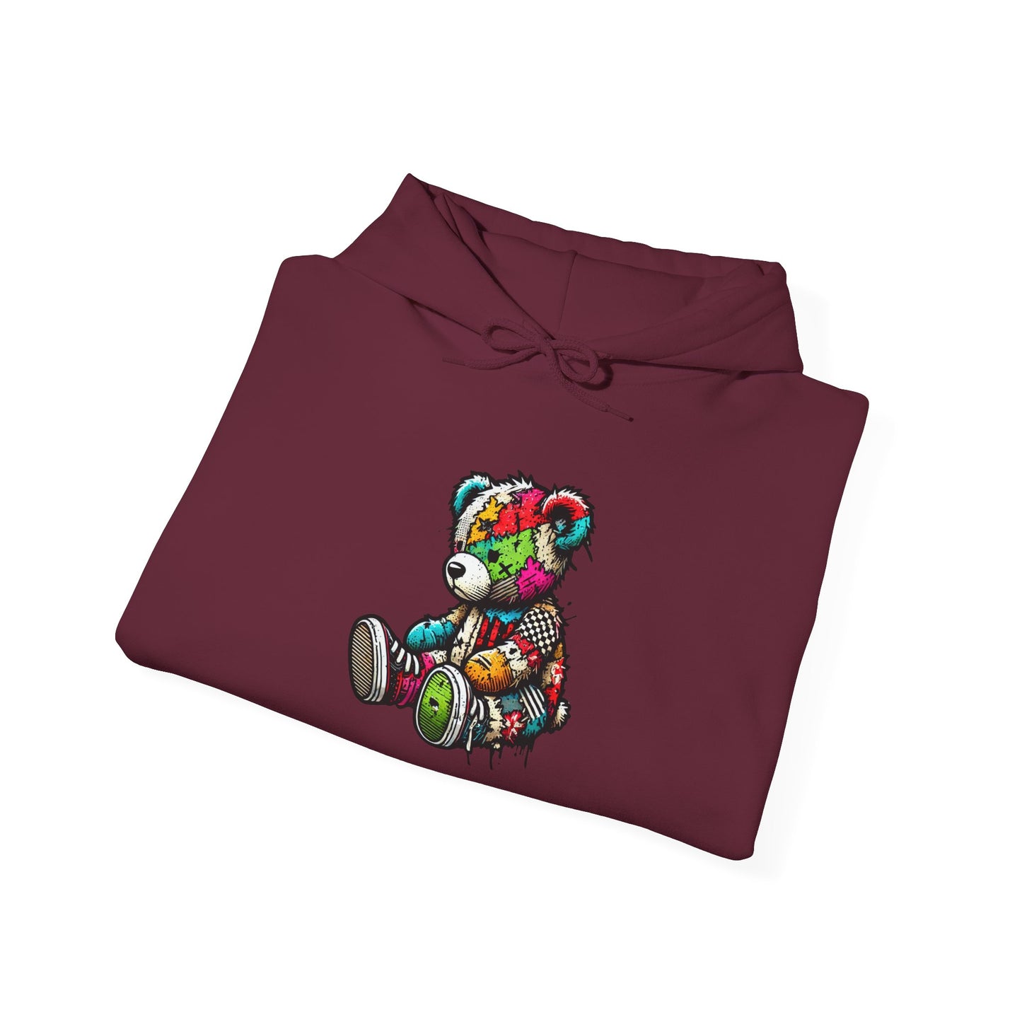 Patchwork Teddy Bear Hoodie — Colorful Grunge Bear Graphic Sweatshirt