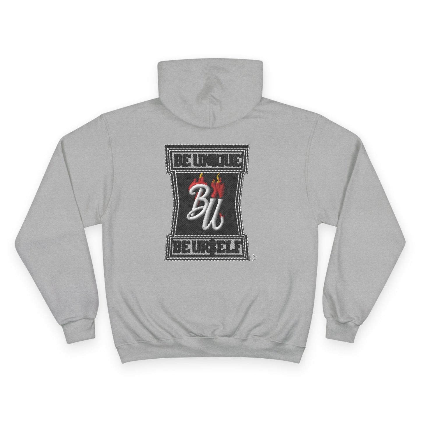 Champion Hoodie — Minimal Tic-Tac-Toe Heart Front & "Be Unique Be Urself" Graphic Back