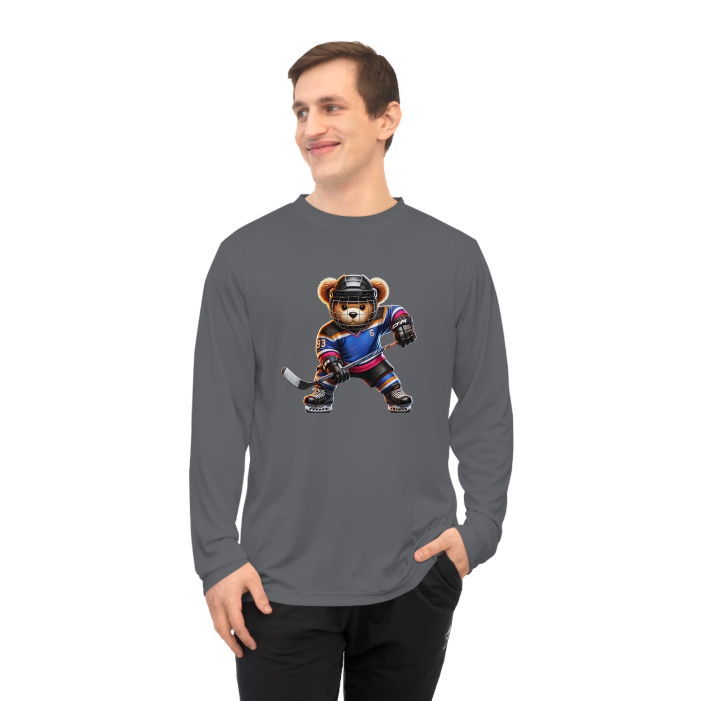 Performance Long Sleeve Shirt, Cute Hockey Bear Shirt, Unisex Sportswear, Gift for Hockey Fans, Halloween Apparel, Activewear