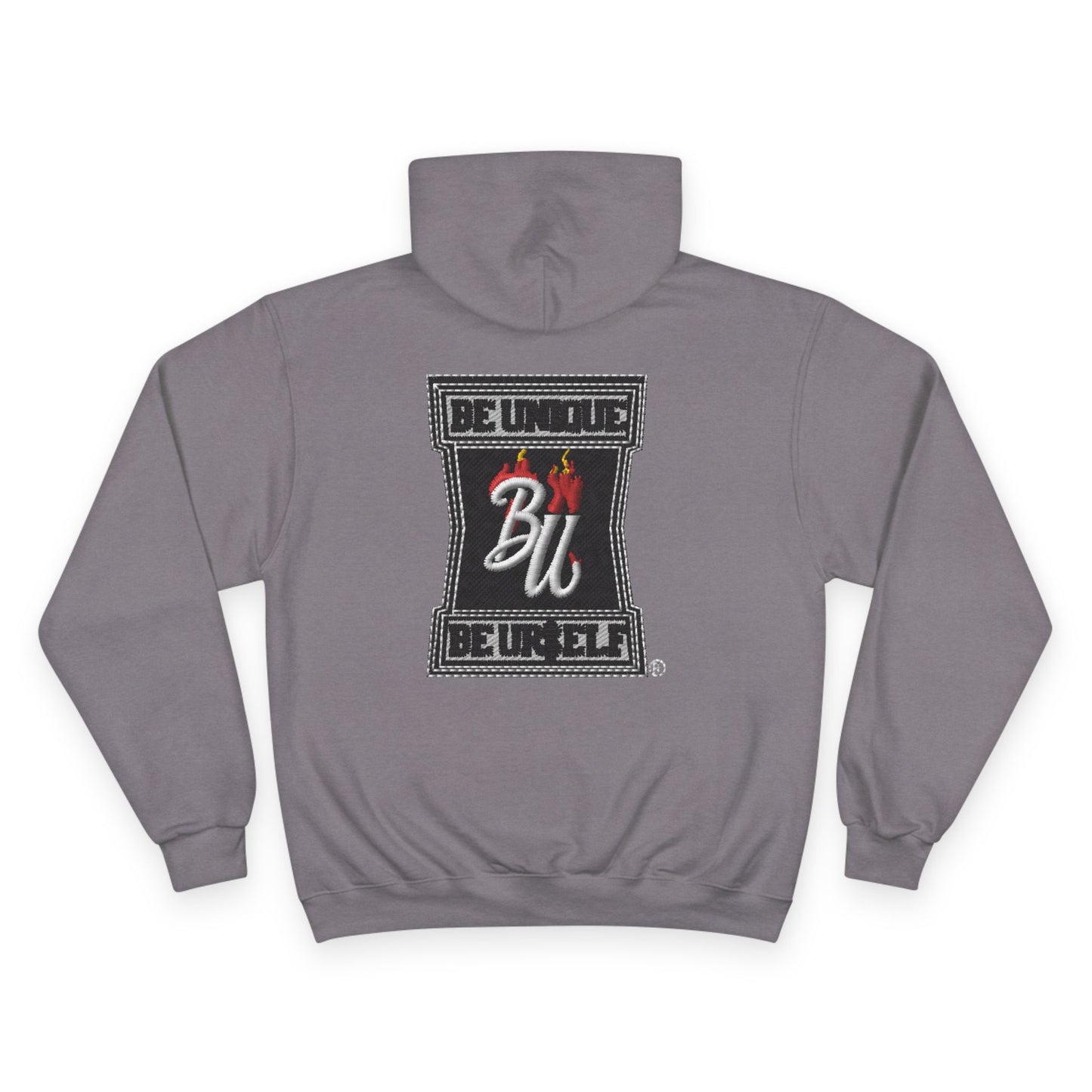 Champion Hoodie — Minimal Tic-Tac-Toe Heart Front & "Be Unique Be Urself" Graphic Back