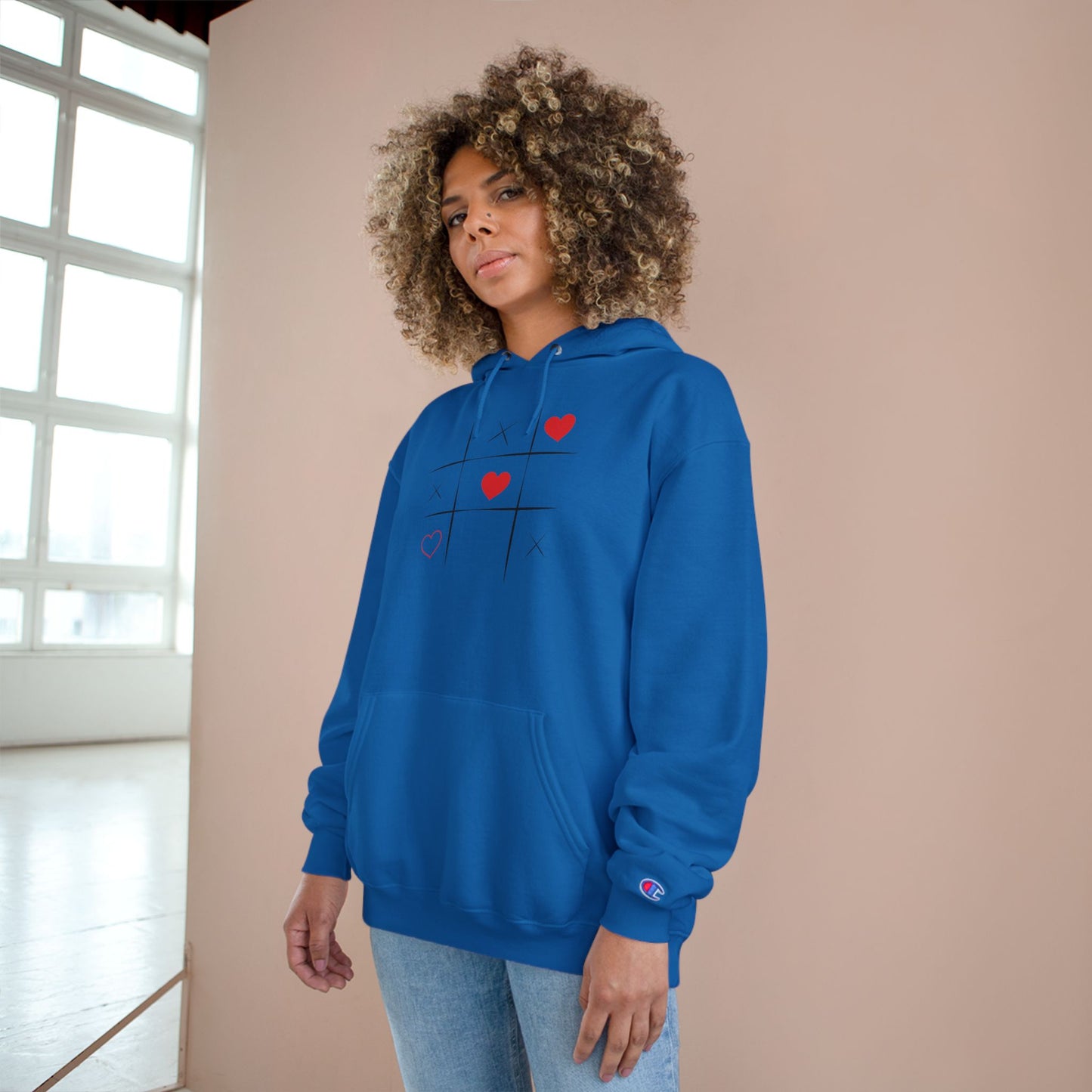 Champion Hoodie — Minimal Tic-Tac-Toe Heart Front & "Be Unique Be Urself" Graphic Back