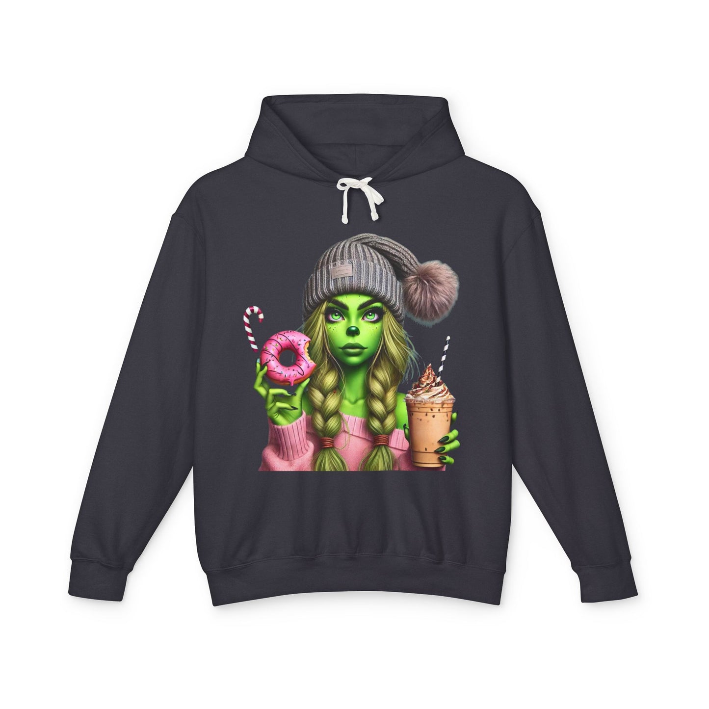 Whimsical Hooded Sweatshirt with Green Character, Cool Casual Wear, Gift for Her, Autumn Fashion, Cozy Relaxed Style, Fun Graphic Apparel