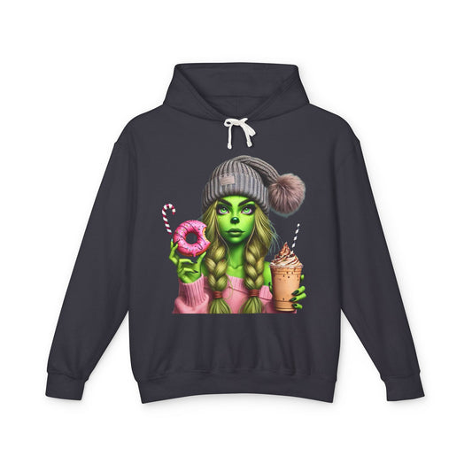 Whimsical Hooded Sweatshirt with Green Character, Cool Casual Wear, Gift for Her, Autumn Fashion, Cozy Relaxed Style, Fun Graphic Apparel