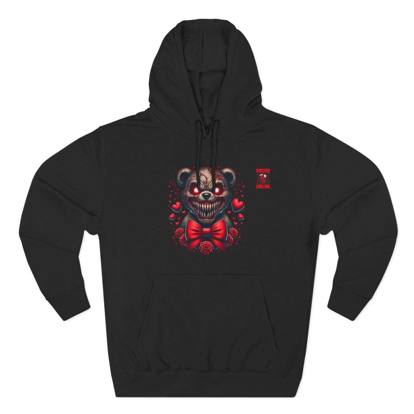 Horror Bear Graphic Hoodie — "Be Unique, Be Urself" Red & Black Fleece Hoodie