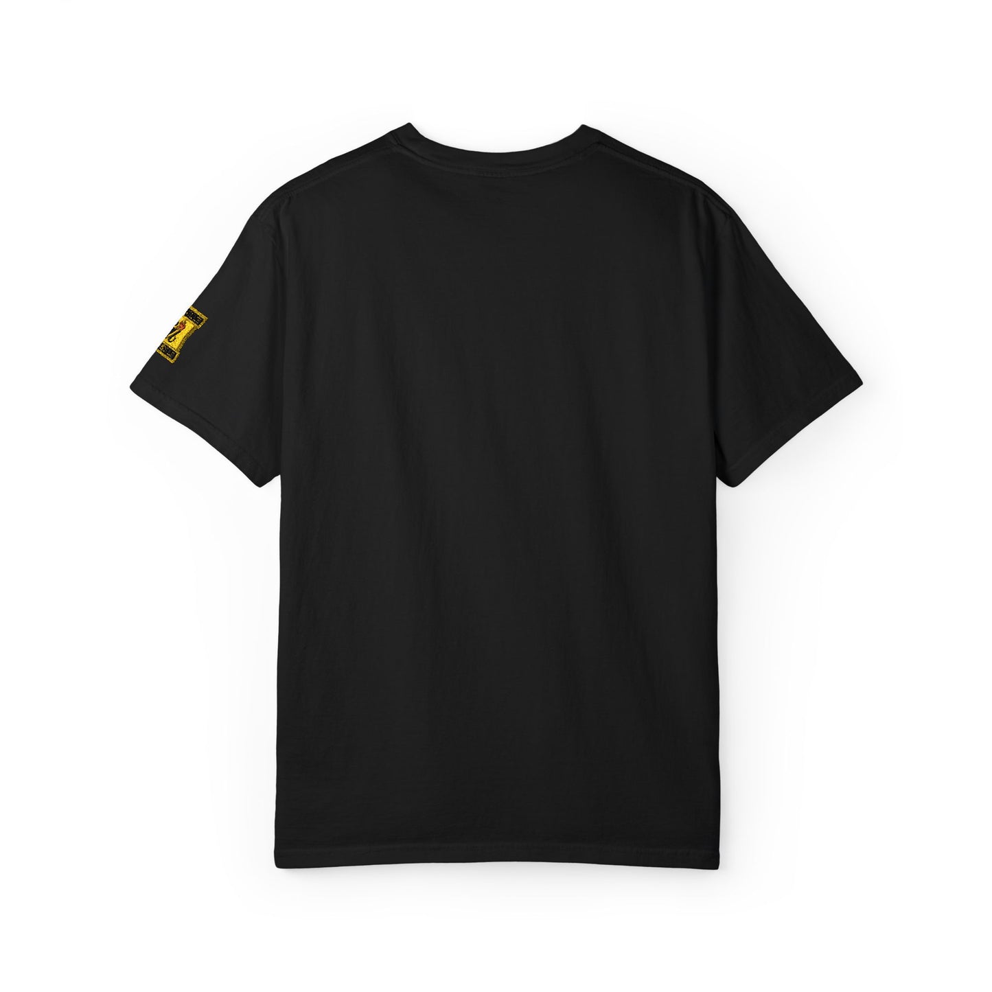 Black T‑Shirt with Yellow Patch Graphic — Distressed Pixel Skull Chest & Sleeve Design