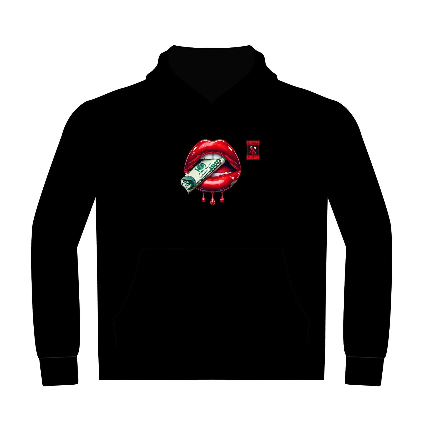 Hoodie — Graphic Red Lips with Money & “Be Unique Be Urself” Back Print
