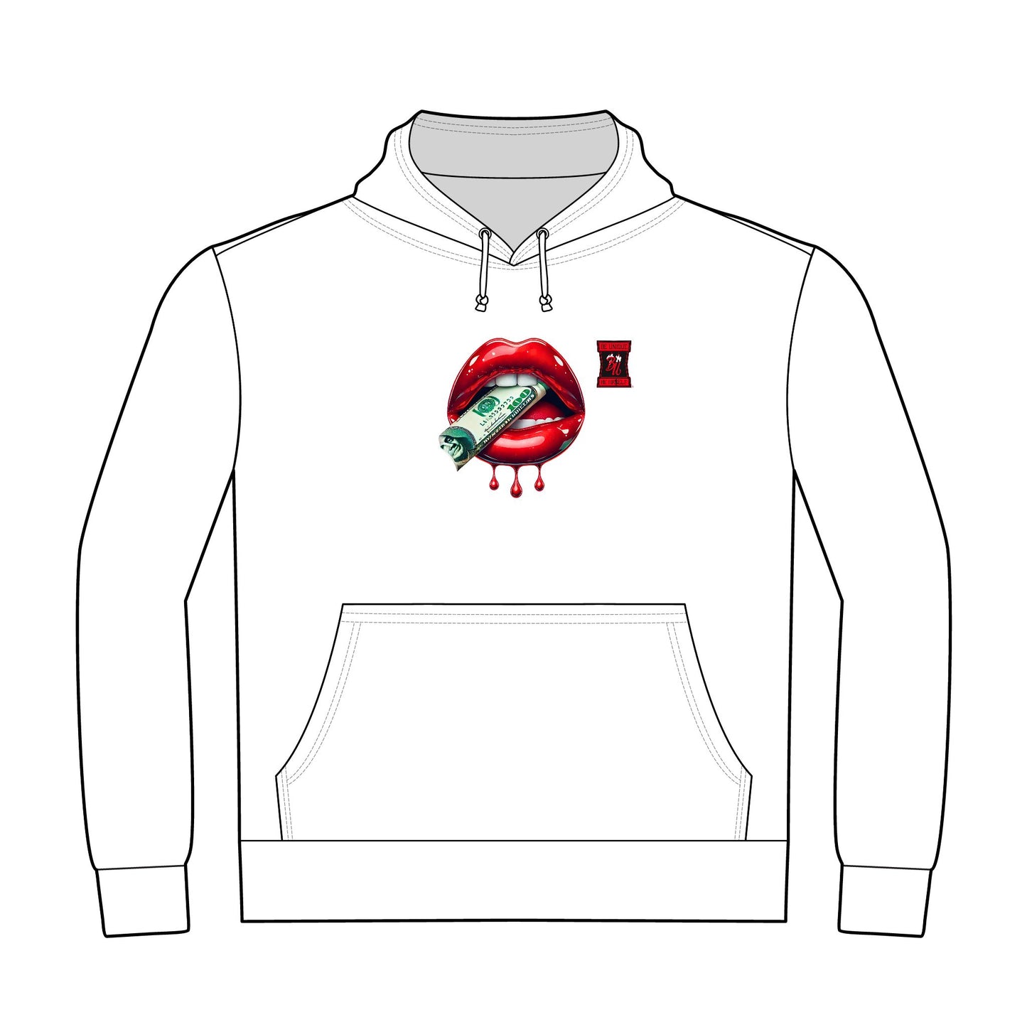 Hoodie — Graphic Red Lips with Money & “Be Unique Be Urself” Back Print