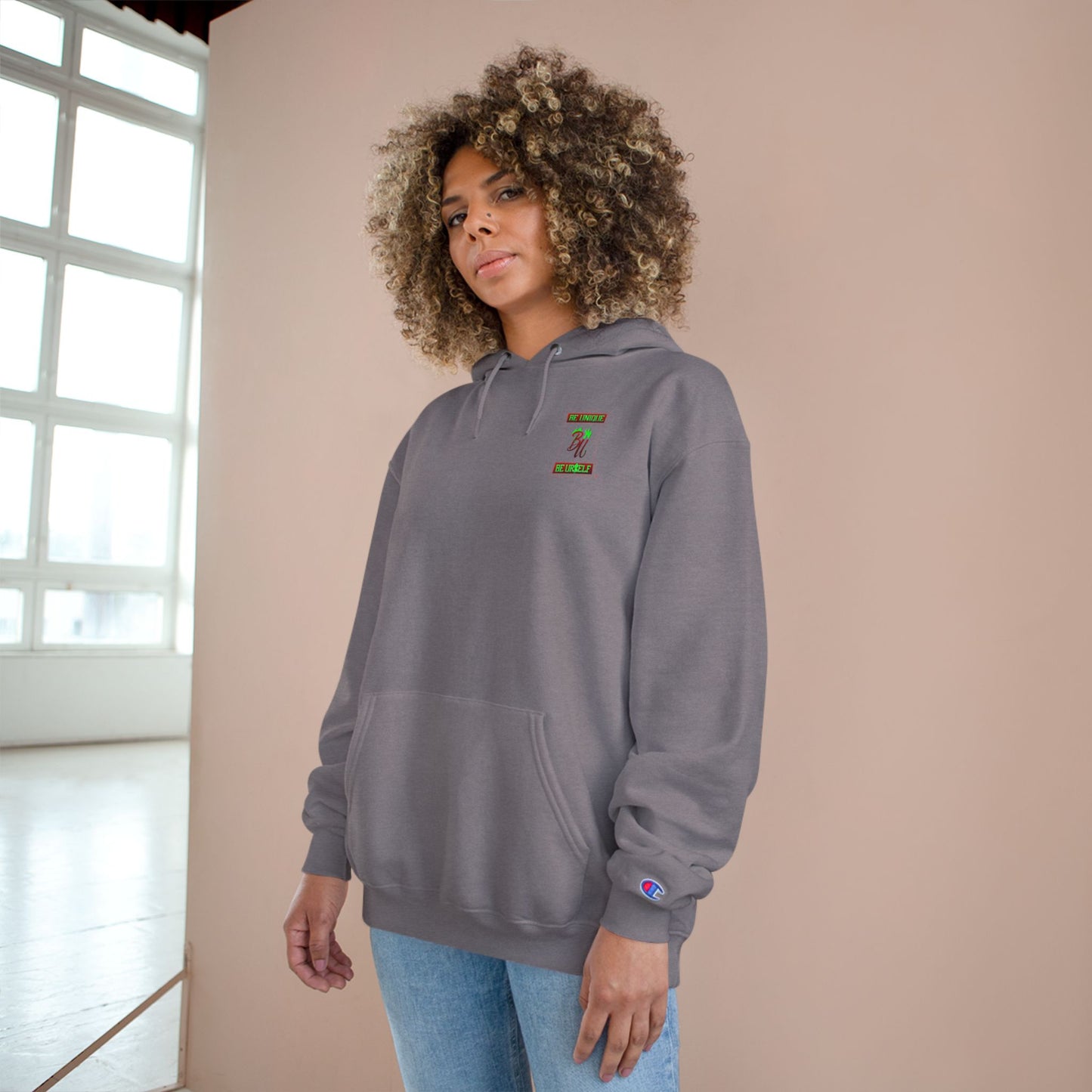 Champion Hoodie — "Be Unique, Be Urself" Graphic Pullover