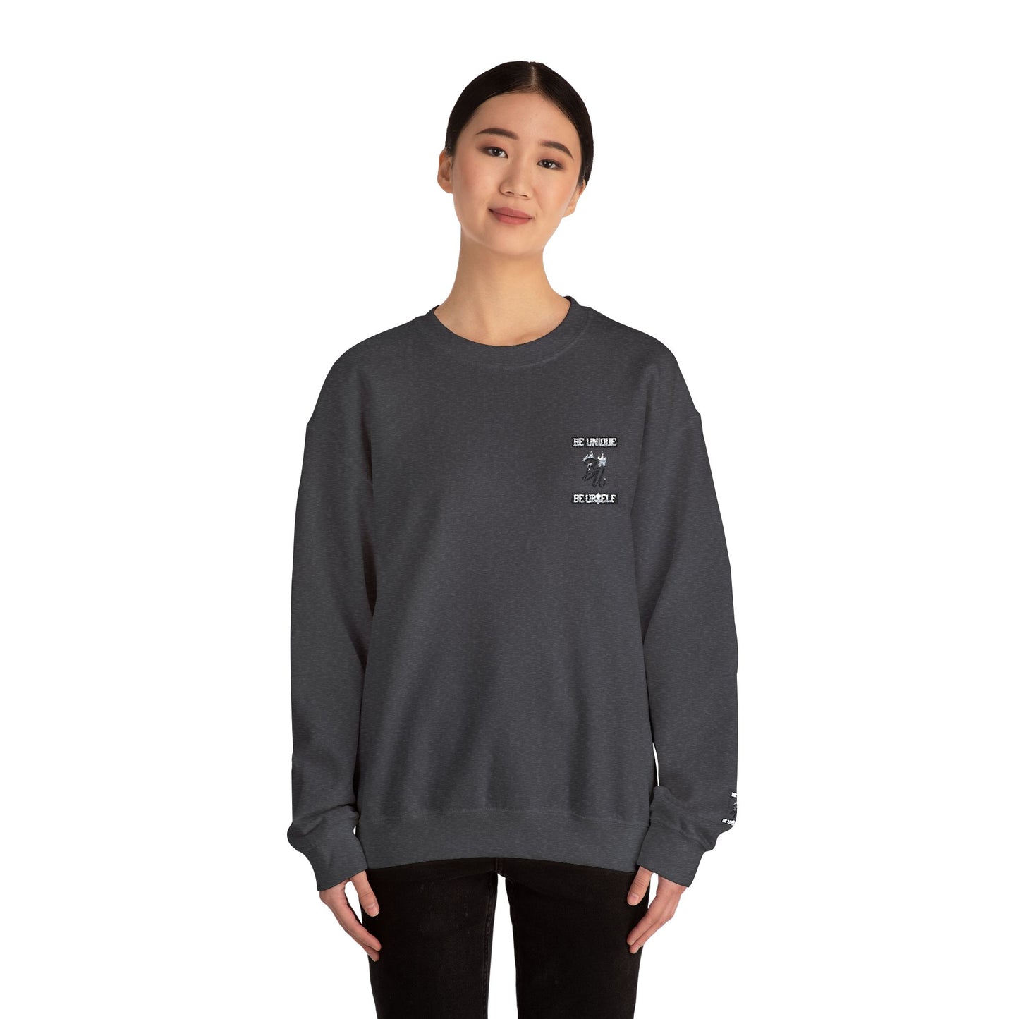 Minimalist White Crewneck Sweatshirt with Small Chest & Sleeve Graphic