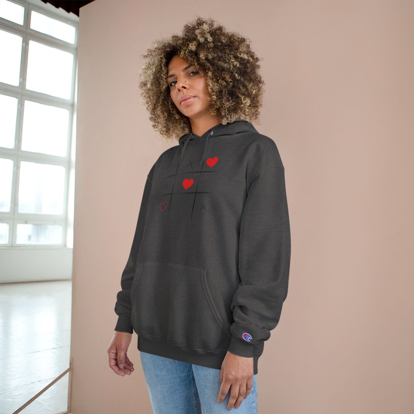 Champion Hoodie — Minimal Tic-Tac-Toe Heart Front & "Be Unique Be Urself" Graphic Back