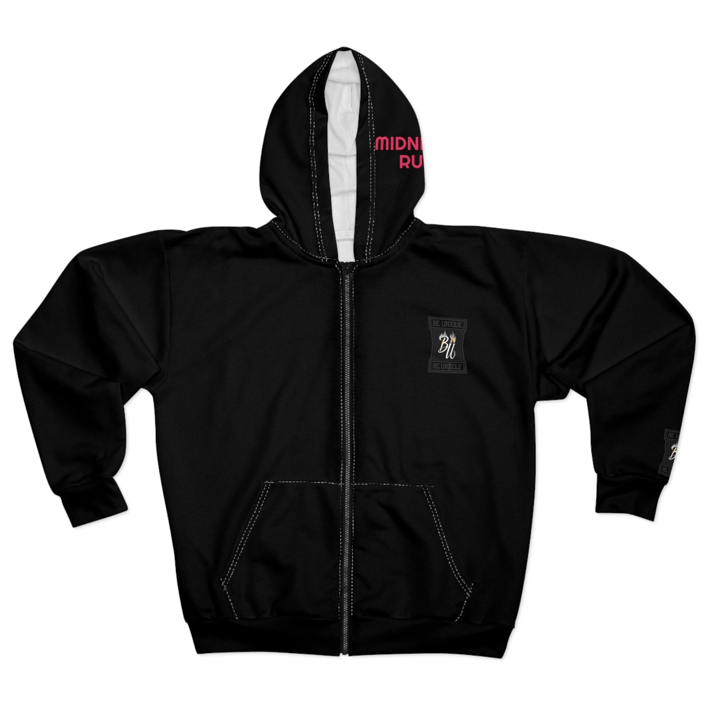 Midnight Run Unisex Zip Hoodie, AOP Black Hoodie, Streetwear Fashion, Cozy Casual Wear, Gift for Him or Her, Urban Outfit