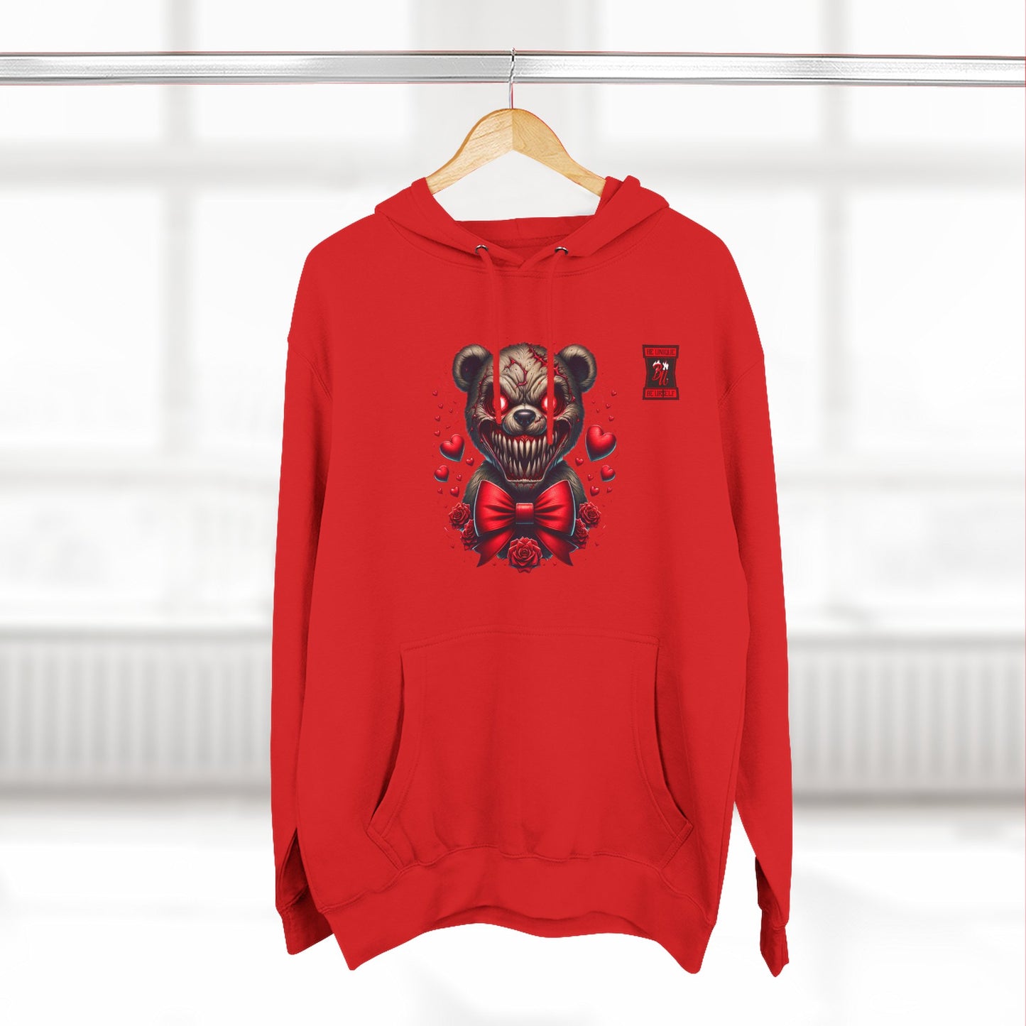 Horror Bear Graphic Hoodie — "Be Unique, Be Urself" Red & Black Fleece Hoodie