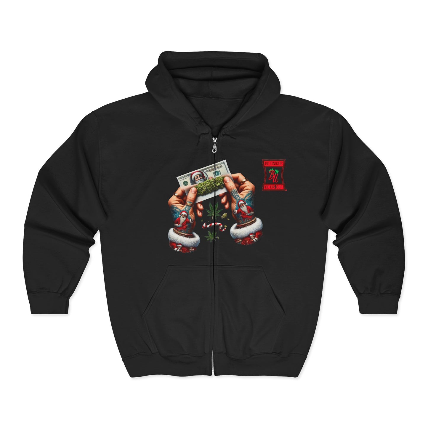 Zip Hoodie — Festive Santa Hands Holding Cash Christmas Zip-Up Hooded Sweatshirt