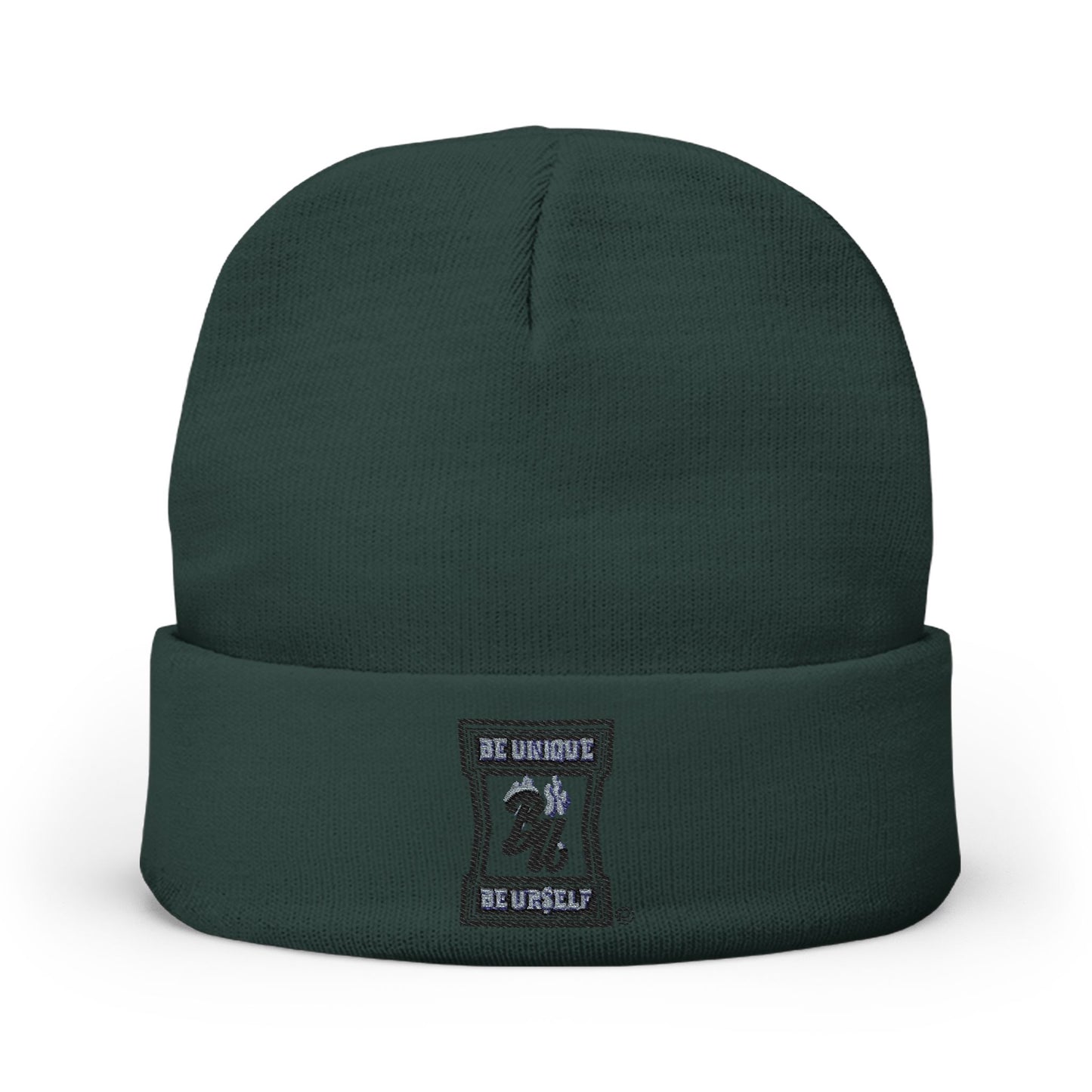 Embroidered Logo Knit Beanie — Minimal Grey Cuffed Winter Hat