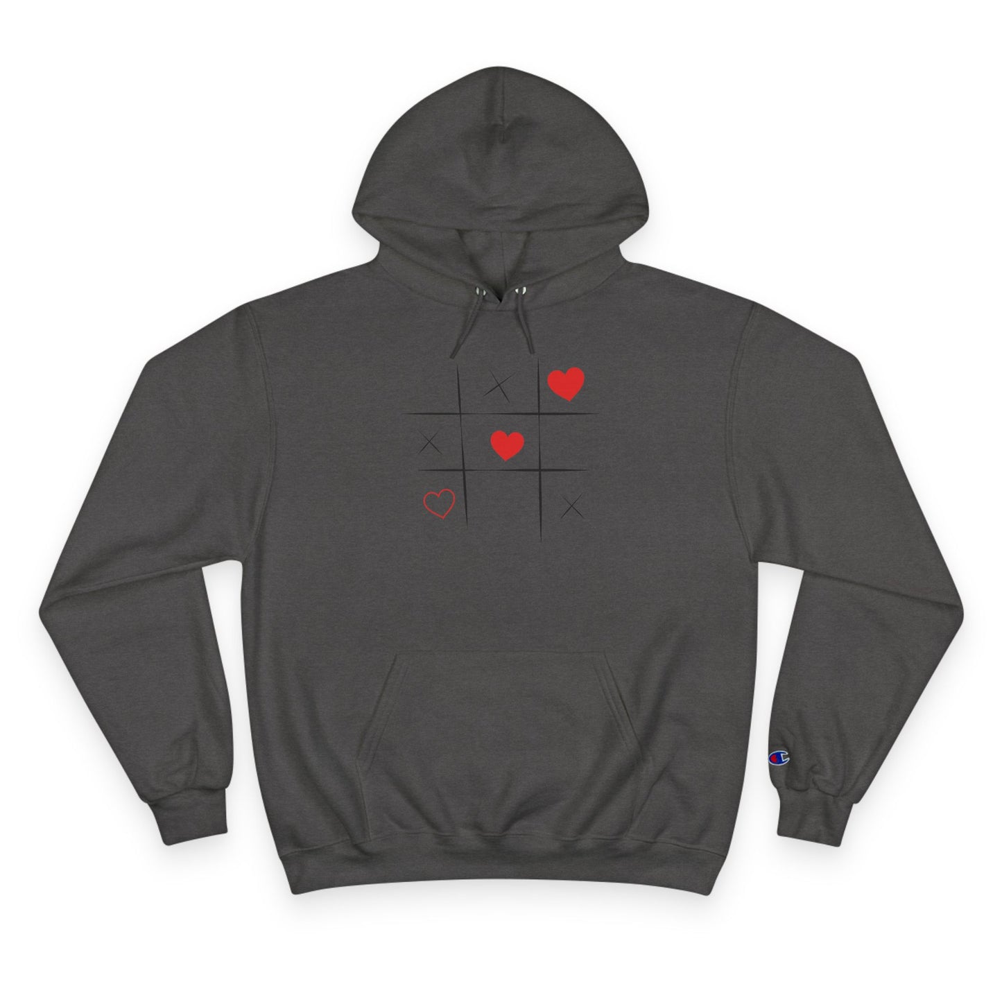 Champion Hoodie — Minimal Tic-Tac-Toe Heart Front & "Be Unique Be Urself" Graphic Back