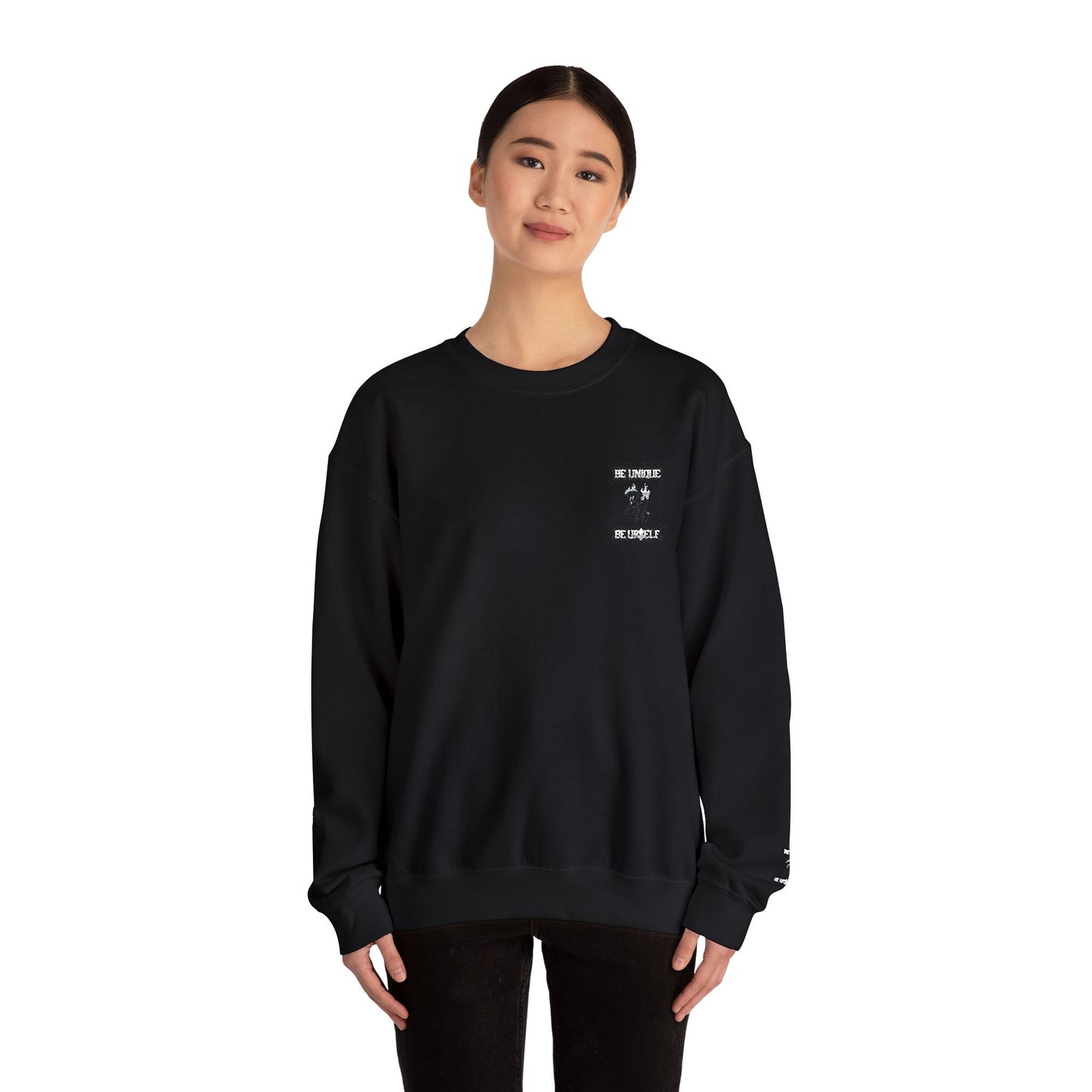 Minimalist White Crewneck Sweatshirt with Small Chest & Sleeve Graphic