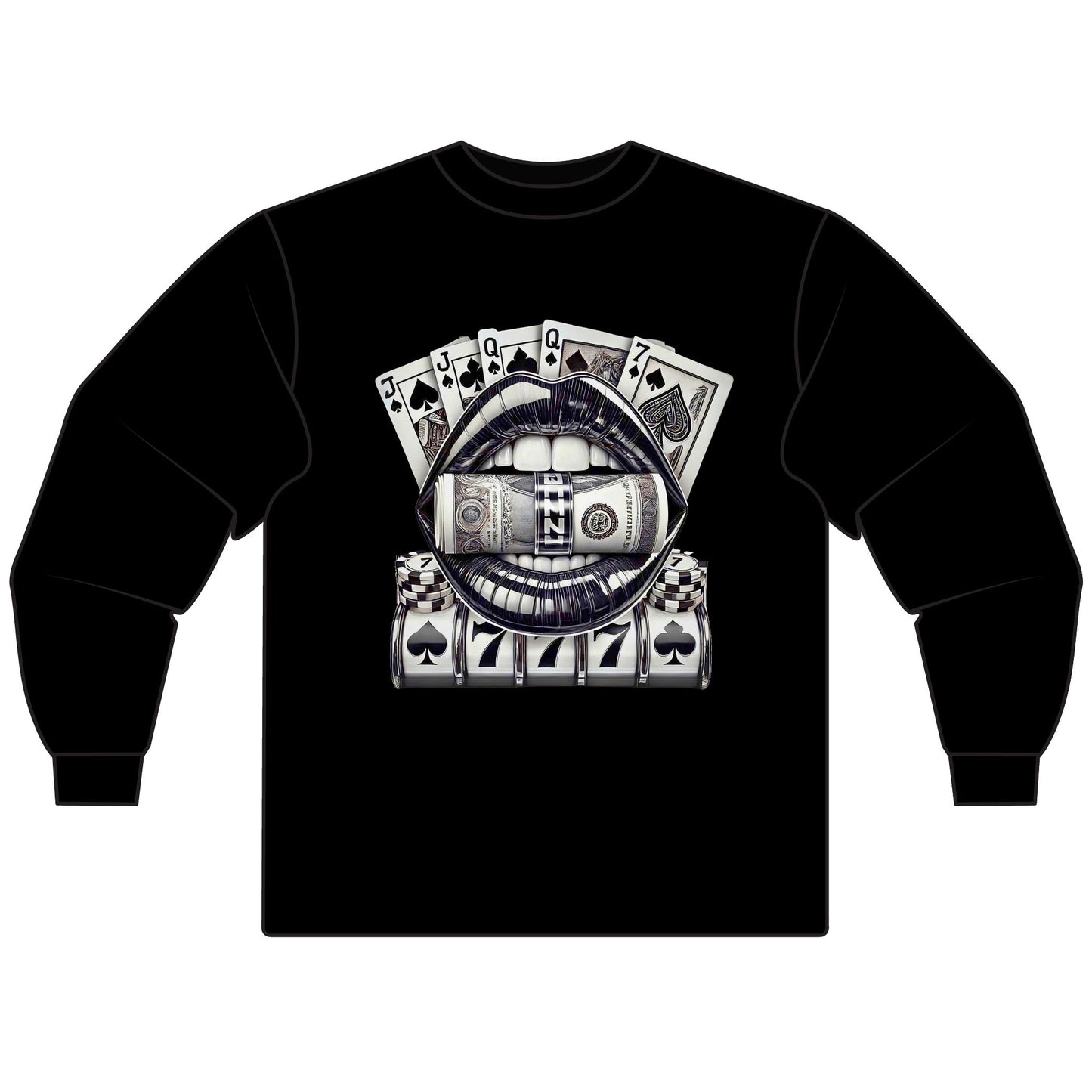 Money Lips Unisex Long Sleeve T-Shirt | Vintage Gambling Chic | Casual Wear, Street Style, Gifts for Him/Her, Casino Theme