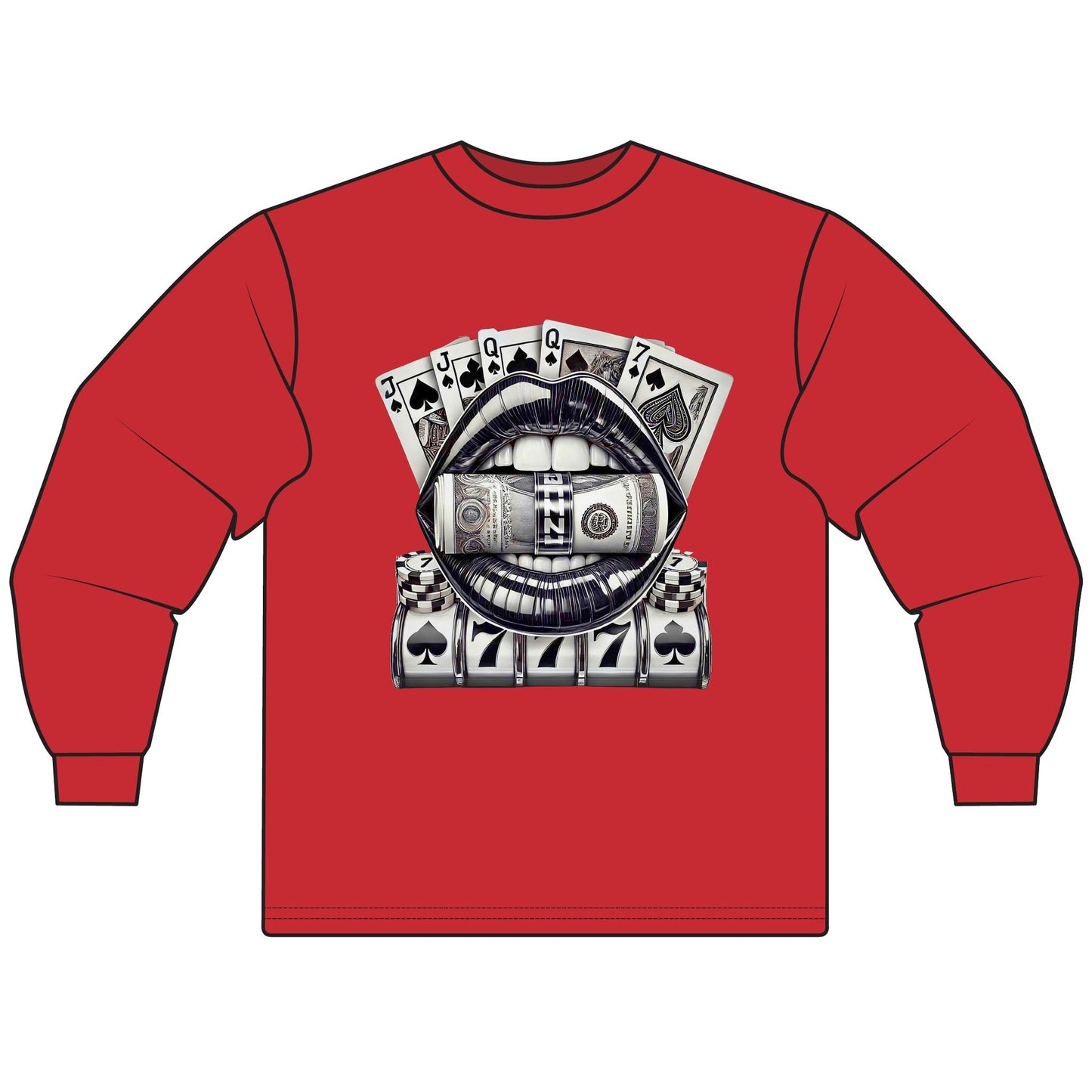 Money Lips Unisex Long Sleeve T-Shirt | Vintage Gambling Chic | Casual Wear, Street Style, Gifts for Him/Her, Casino Theme