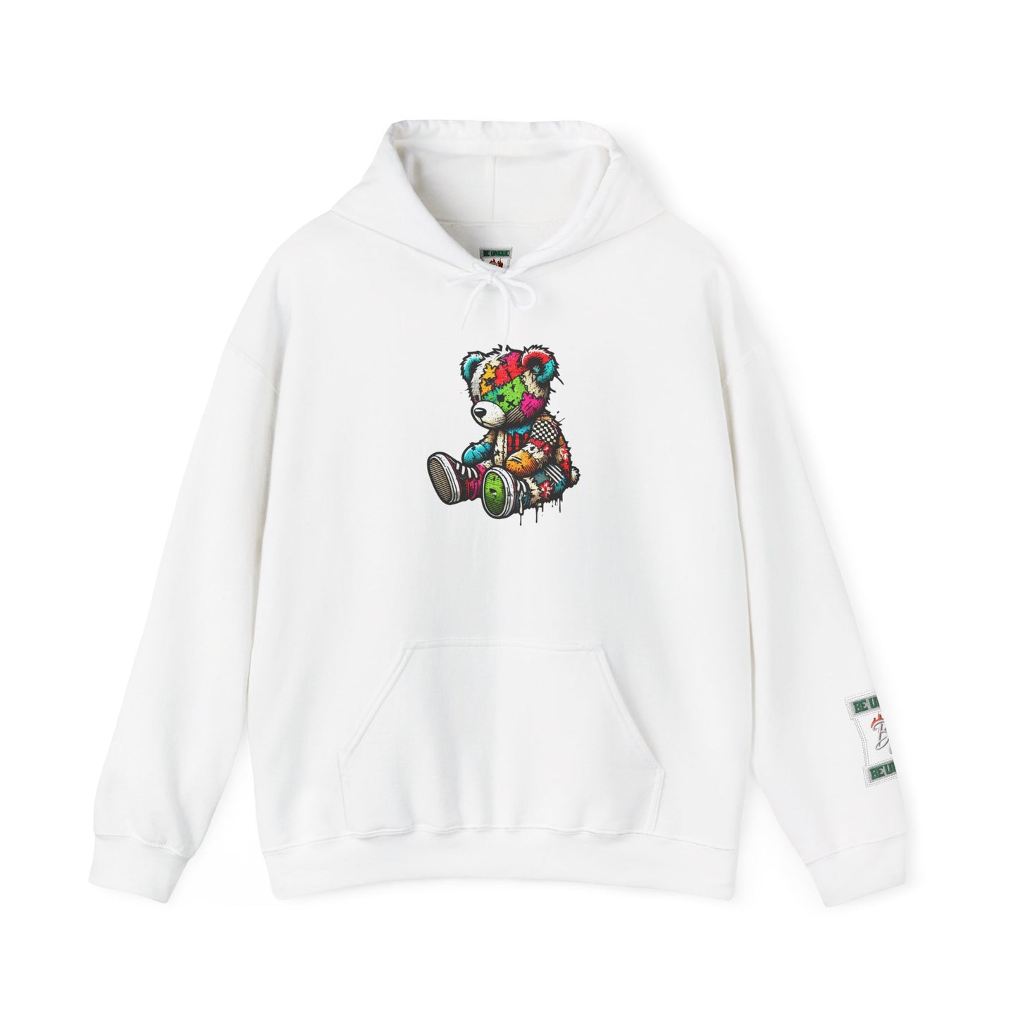 Patchwork Teddy Bear Hoodie — Colorful Grunge Bear Design