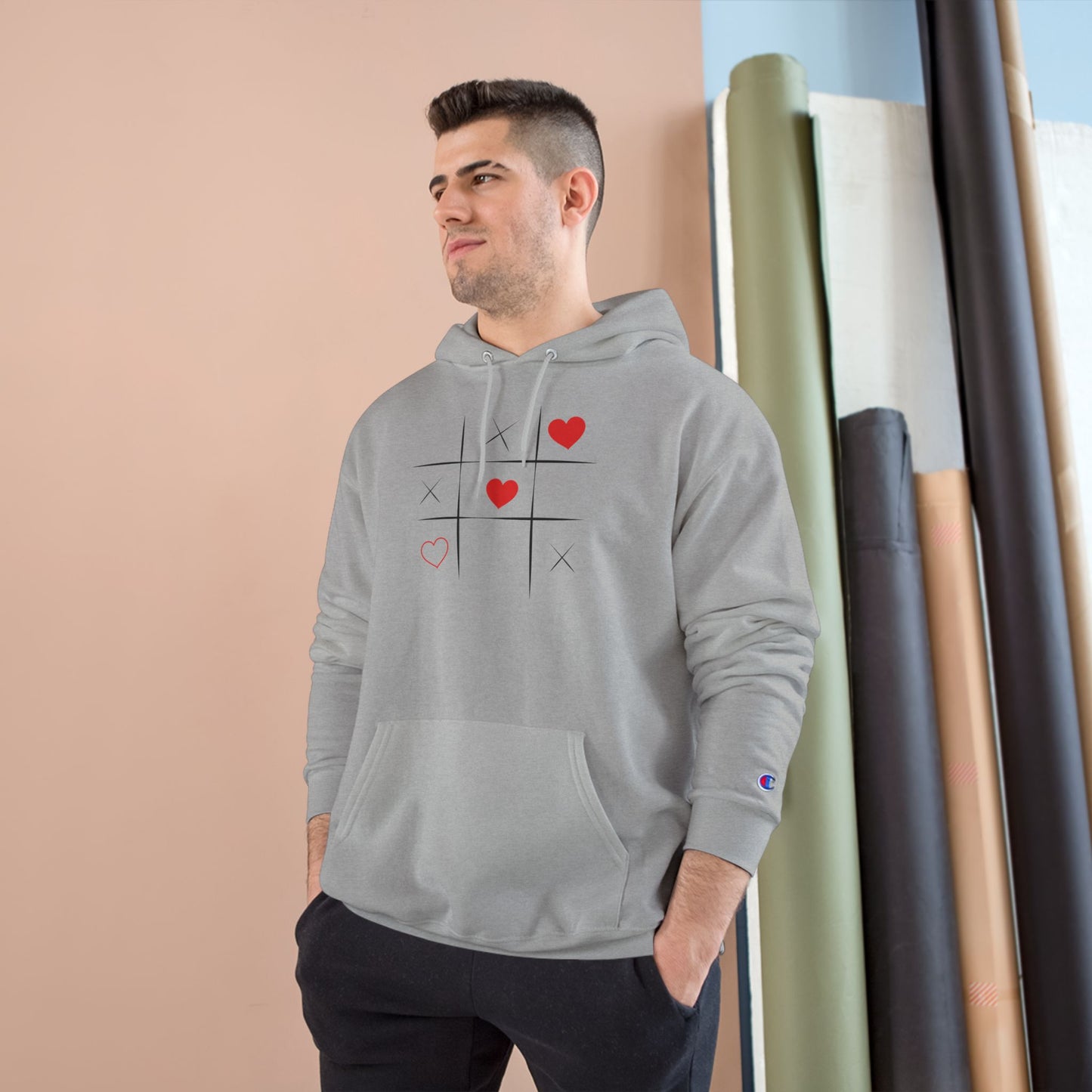 Champion Hoodie — Minimal Tic-Tac-Toe Heart Front & "Be Unique Be Urself" Graphic Back