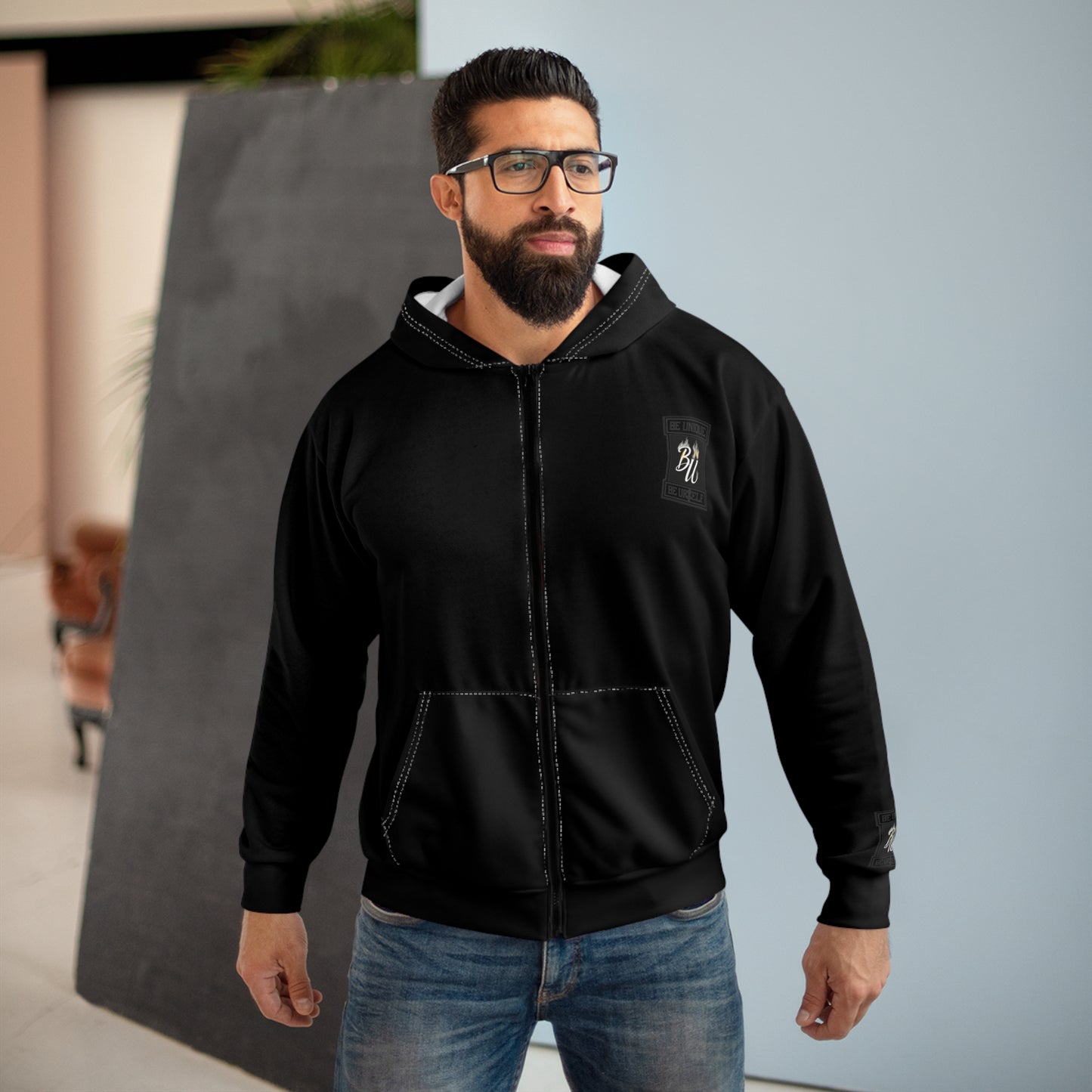 Midnight Run Unisex Zip Hoodie, AOP Black Hoodie, Streetwear Fashion, Cozy Casual Wear, Gift for Him or Her, Urban Outfit