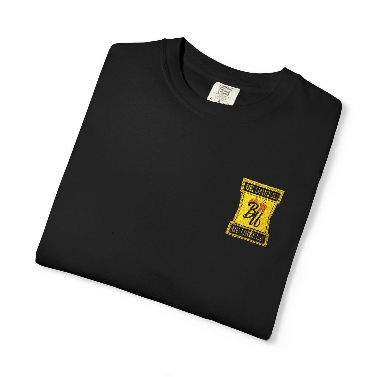 Black T‑Shirt with Yellow Patch Graphic — Distressed Pixel Skull Chest & Sleeve Design