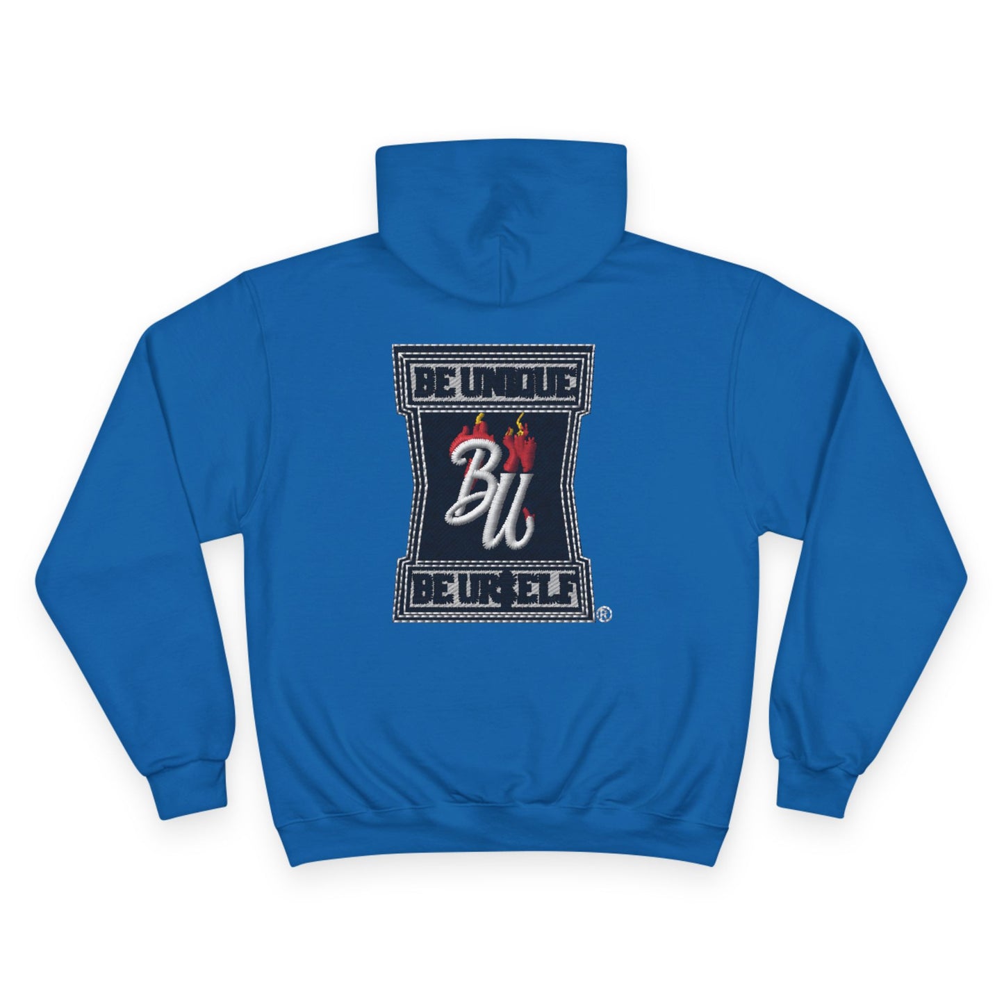 Champion Hoodie — Minimal Tic-Tac-Toe Heart Front & "Be Unique Be Urself" Graphic Back