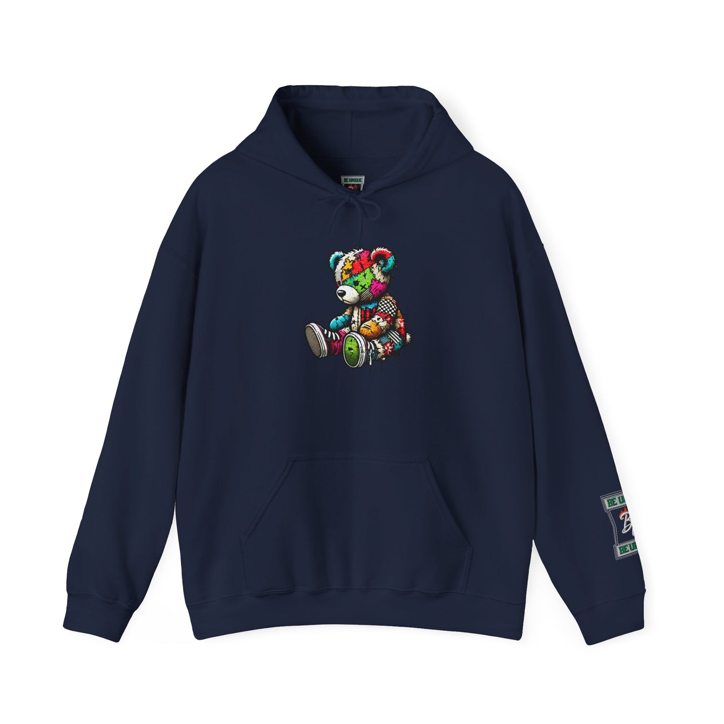 Patchwork Teddy Bear Hoodie — Colorful Grunge Bear Design